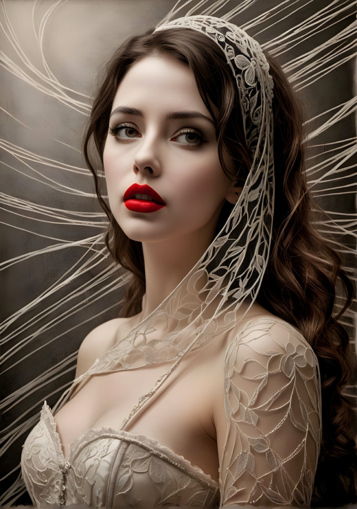 Portrait of a woman with dark hair and lace veil