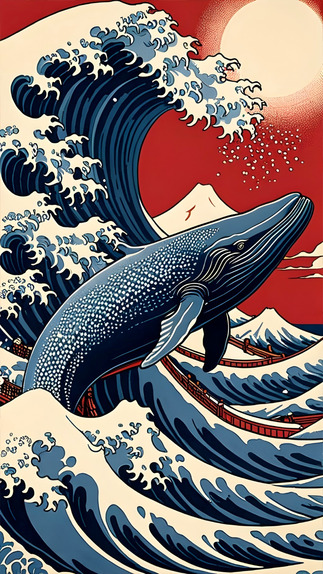 Majestic whale in stylized ocean waves and sunset