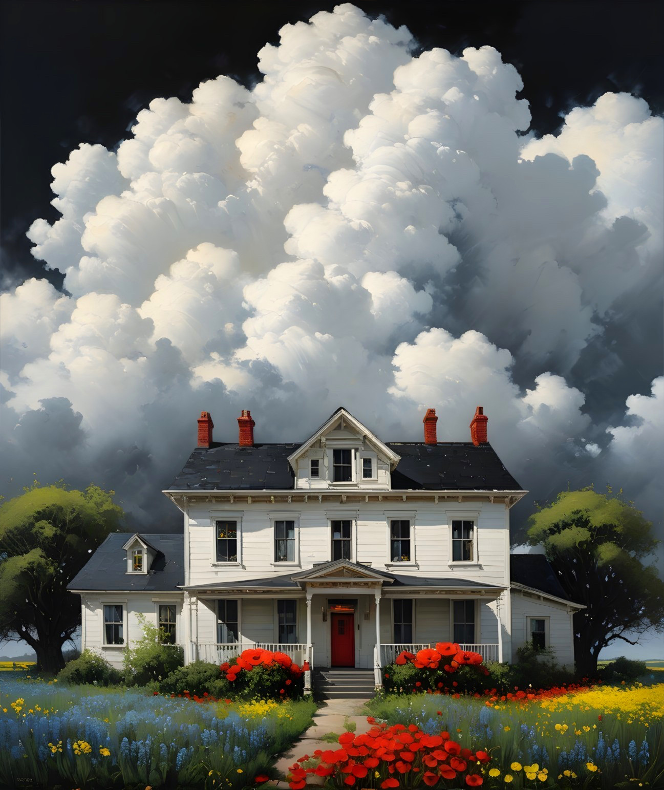 Victorian House Surrounded by Colorful Garden and Clouds