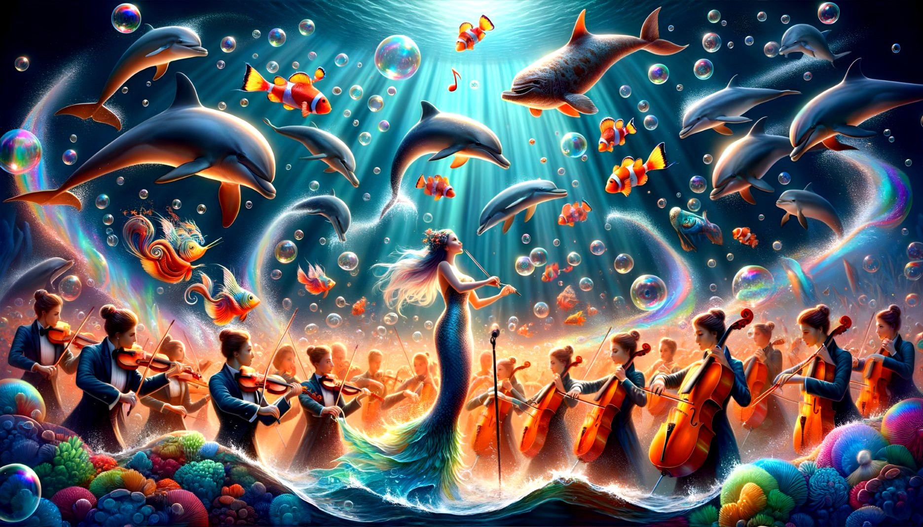 Mermaid Conducts Underwater Orchestra with Colorful Fish
