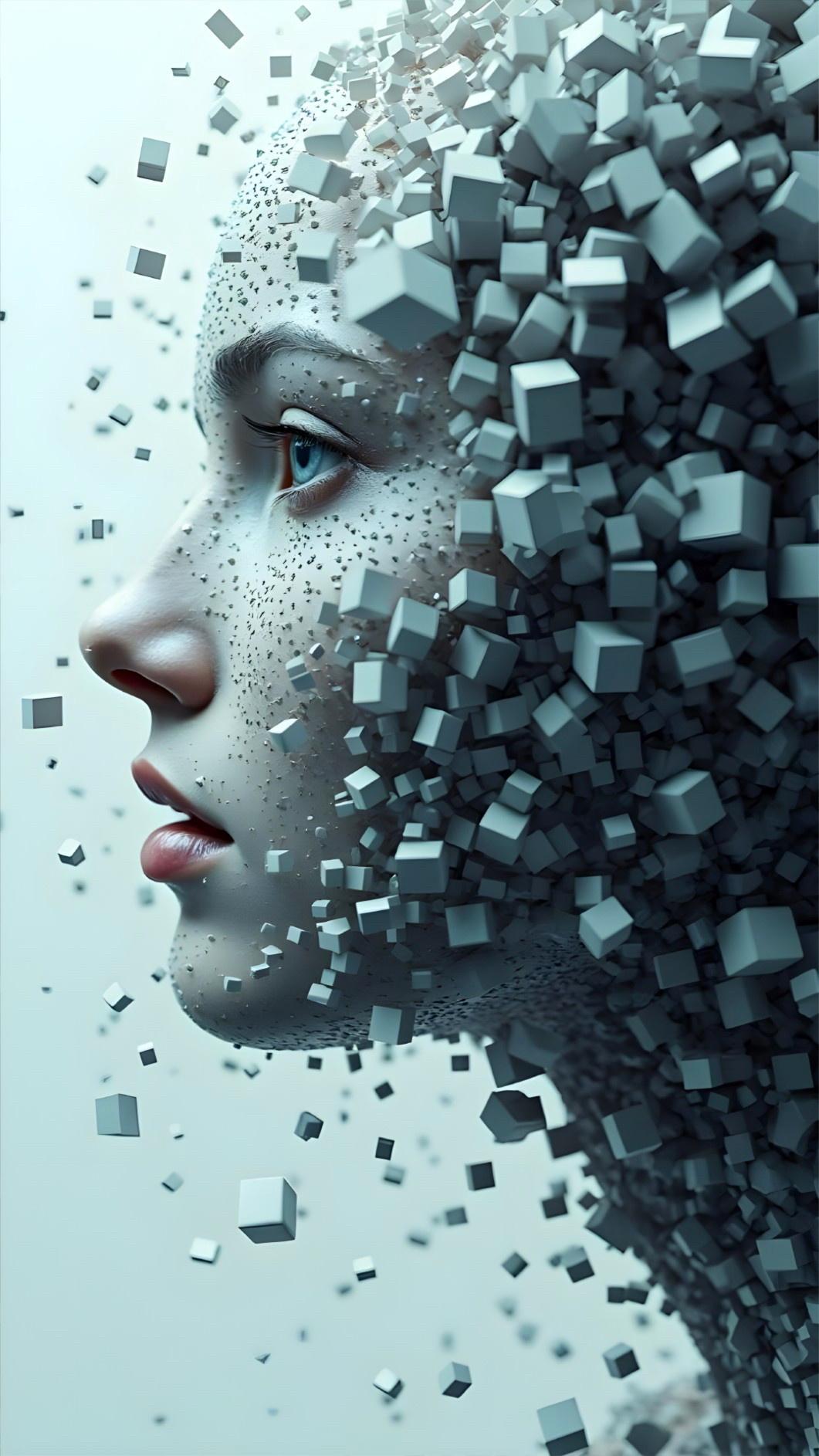 Fragmented Human Face in Digital Cubes and Elements
