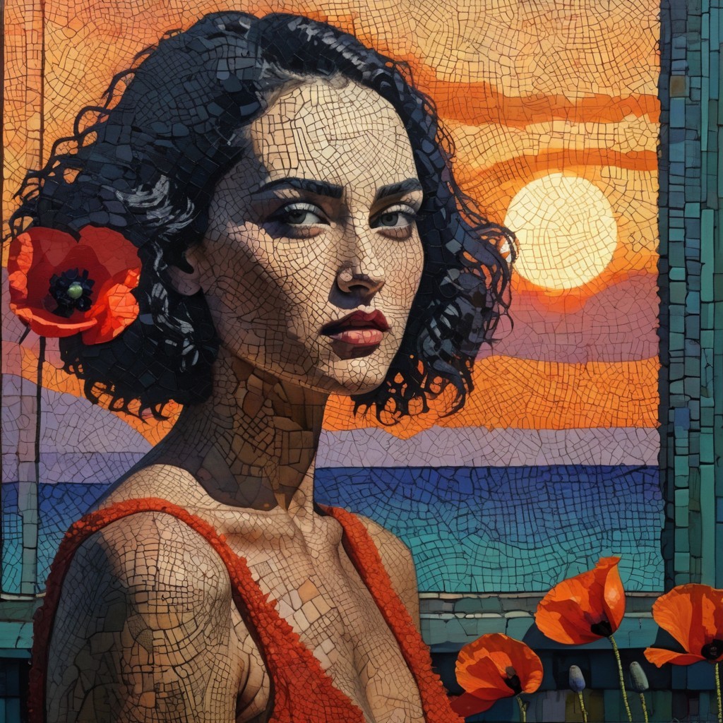 Mosaic Portrait of Woman with Sunset and Poppies