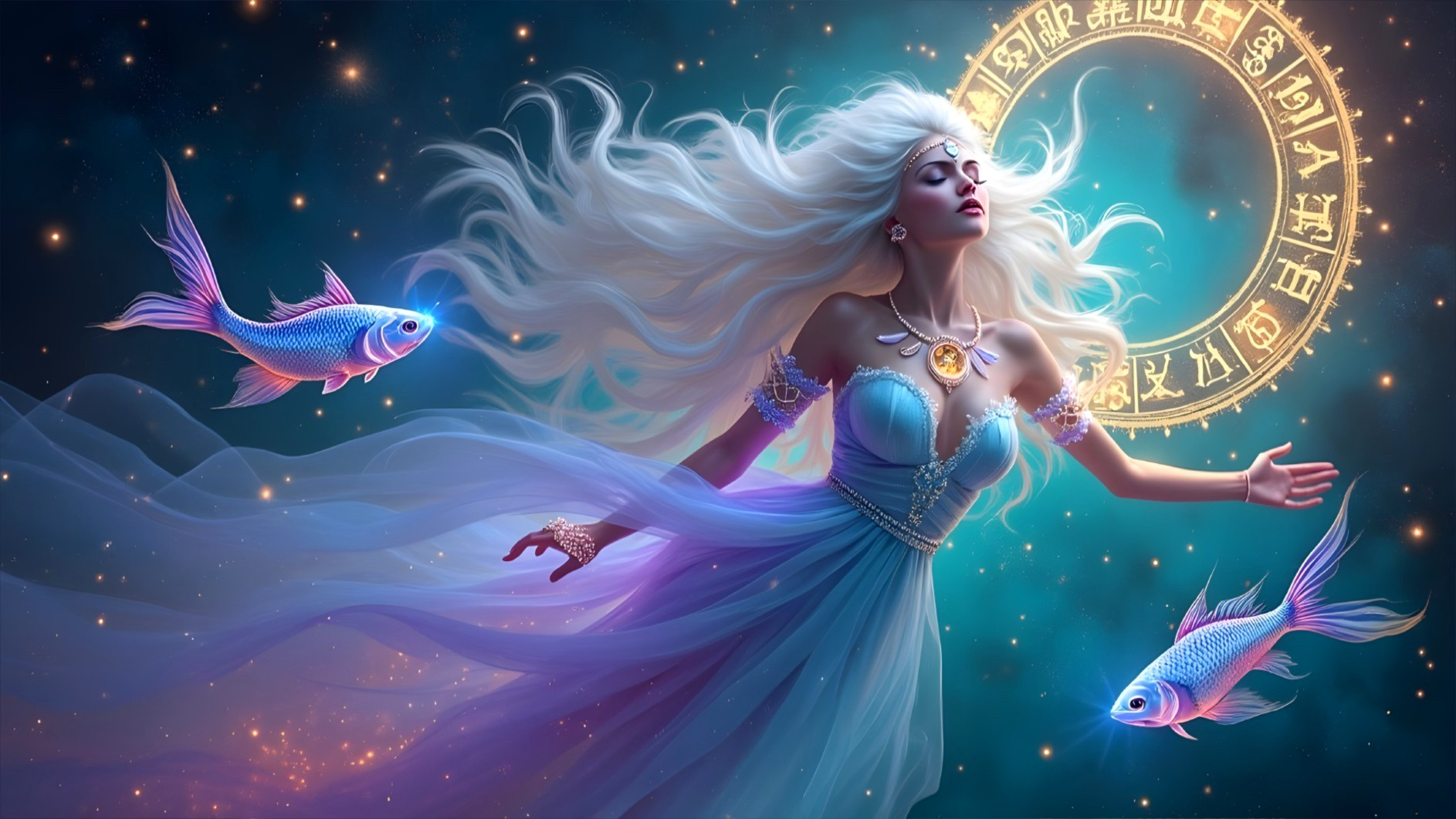 Mystical Figure in Blue Gown with Celestial Background