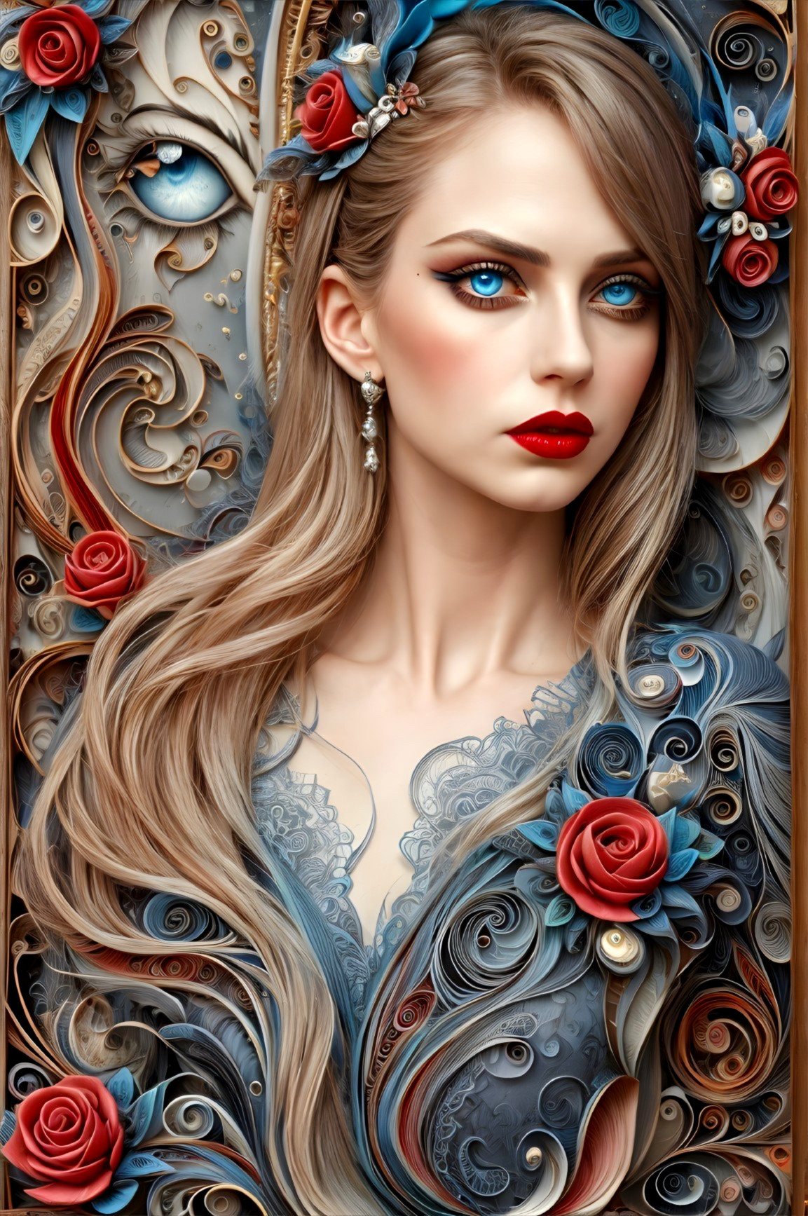 Elegant Woman with Blue Eyes and Floral Adornments