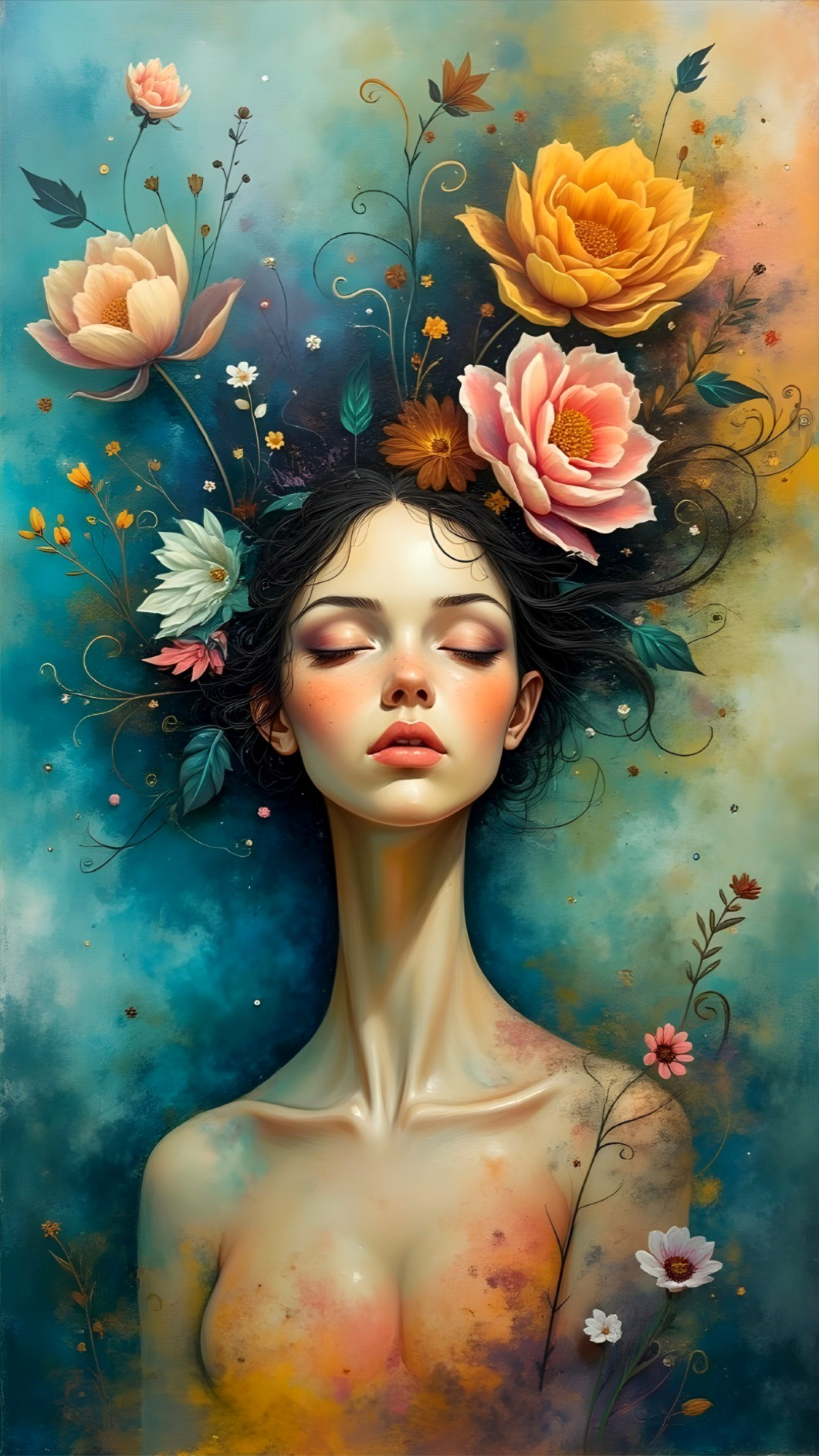 Serene Woman with Floral Hair in Ethereal Setting
