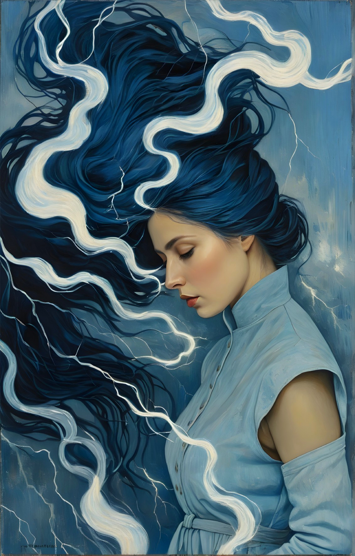 Serene woman with blue hair and stormy clouds backdrop