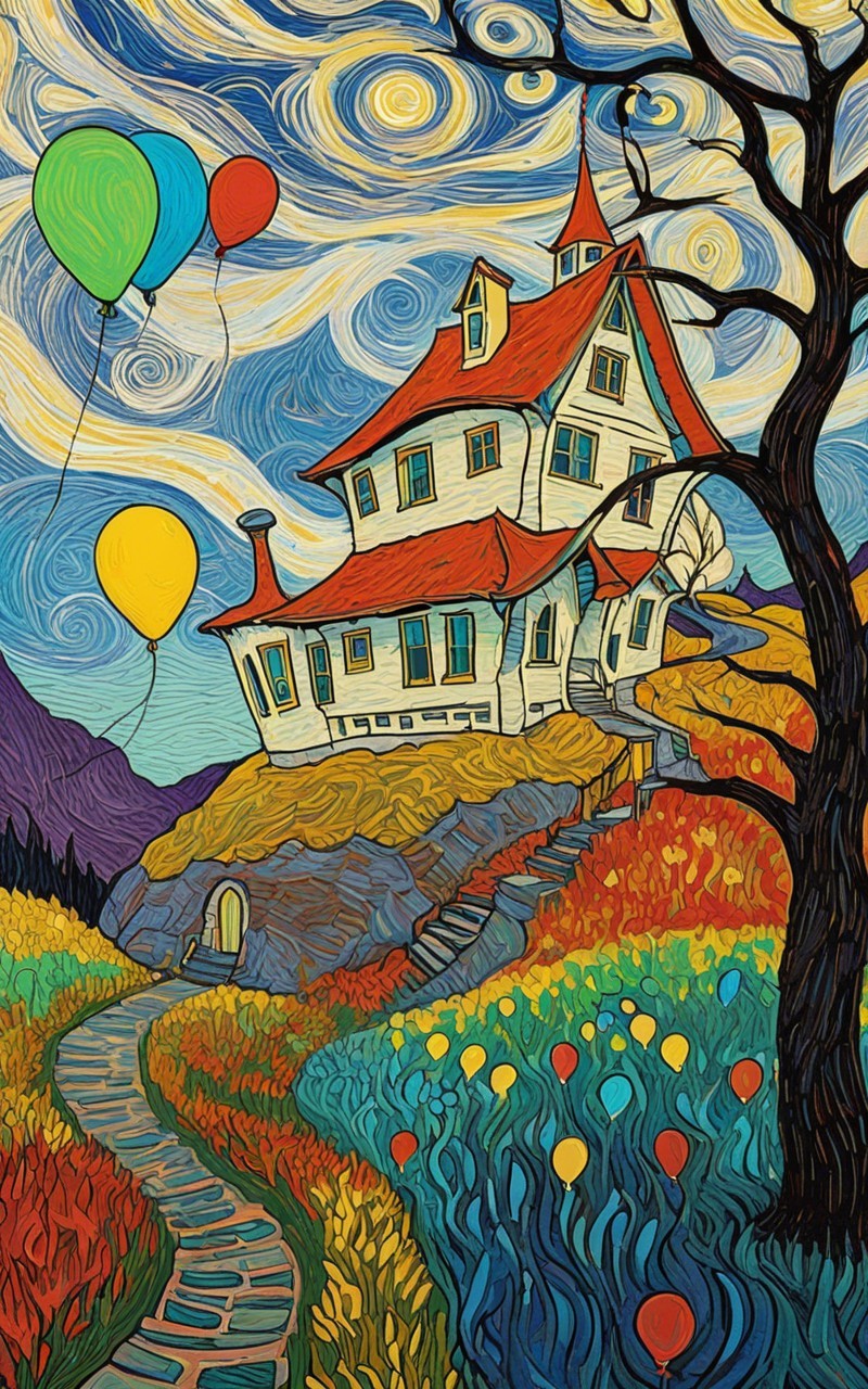Whimsical House on a Hill with Colorful Balloons