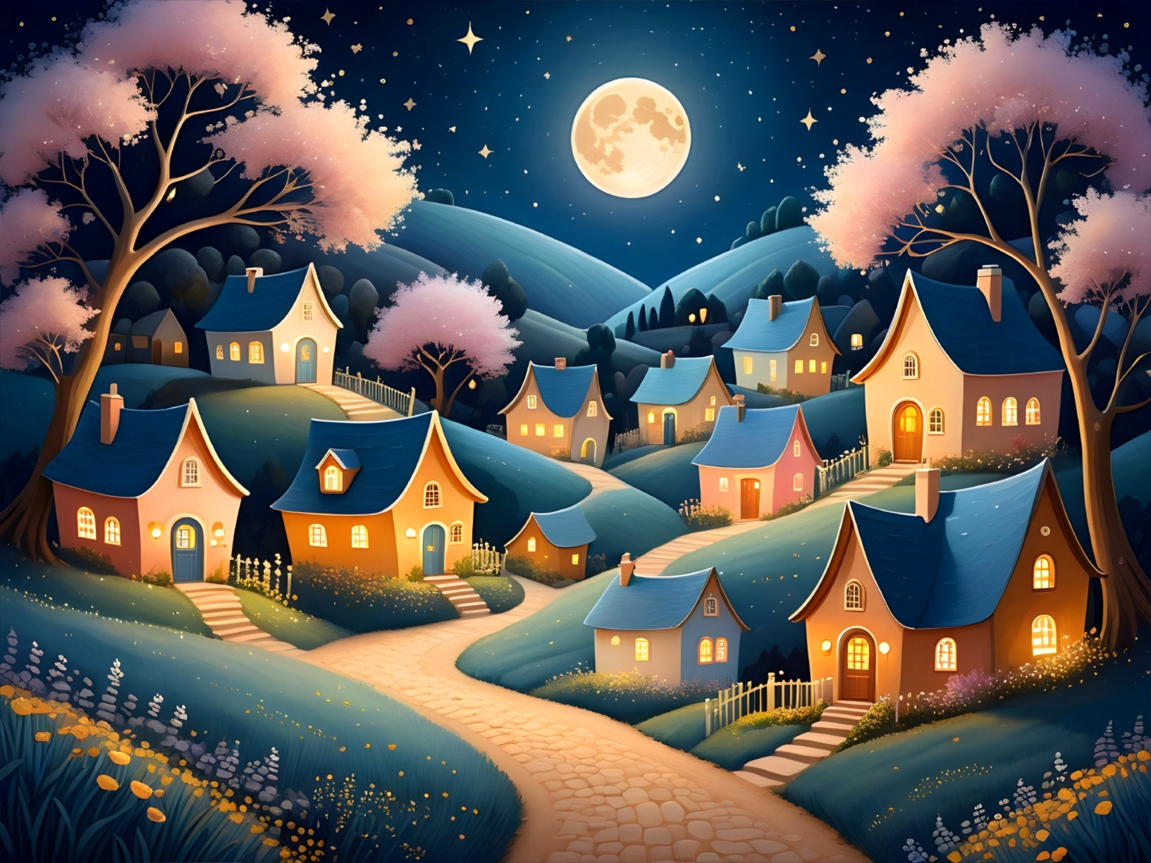 Charming Village Scene Under a Bright Full Moon