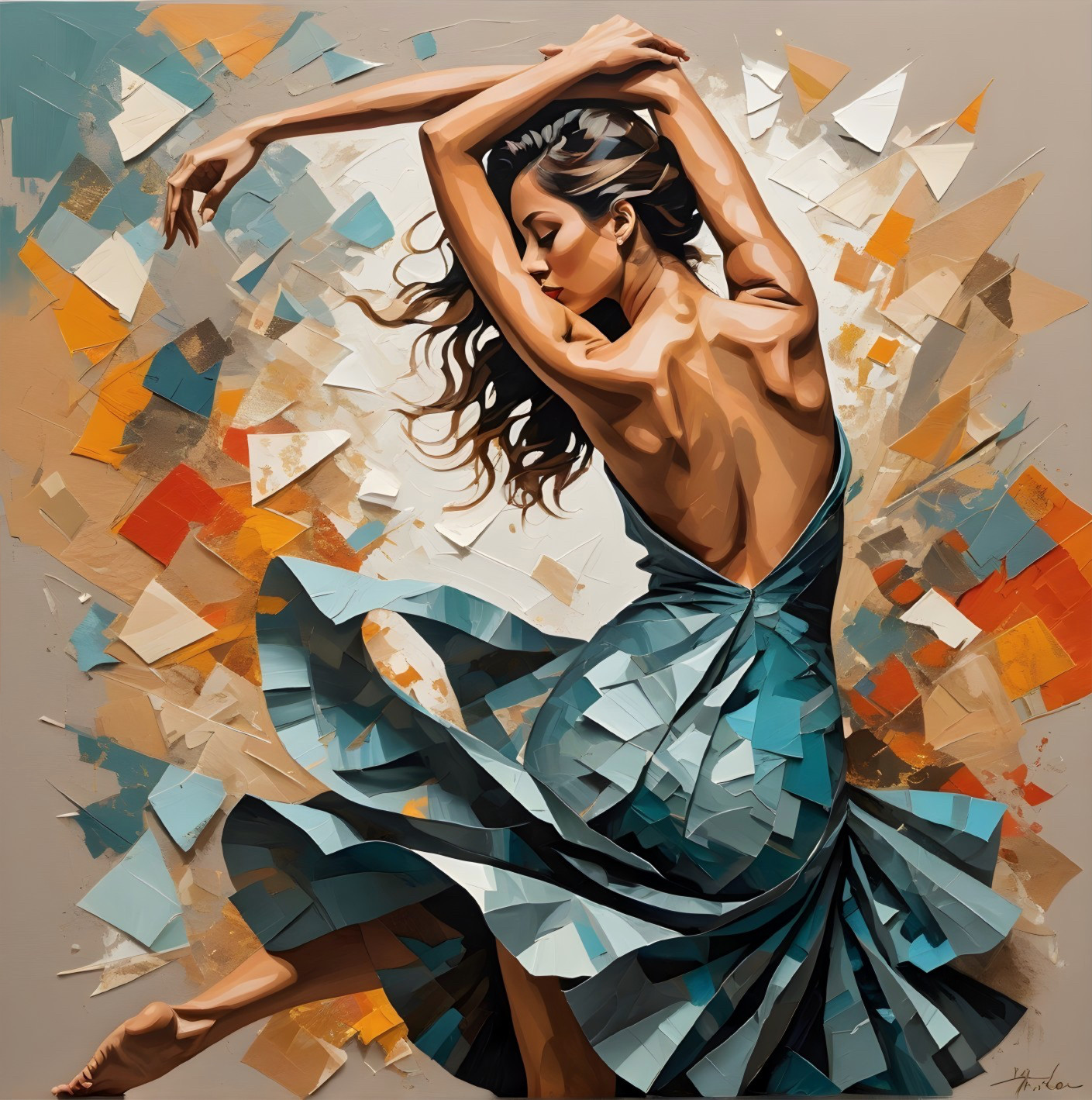 Modern Impasto Painting of a Dancer in Blue Dress