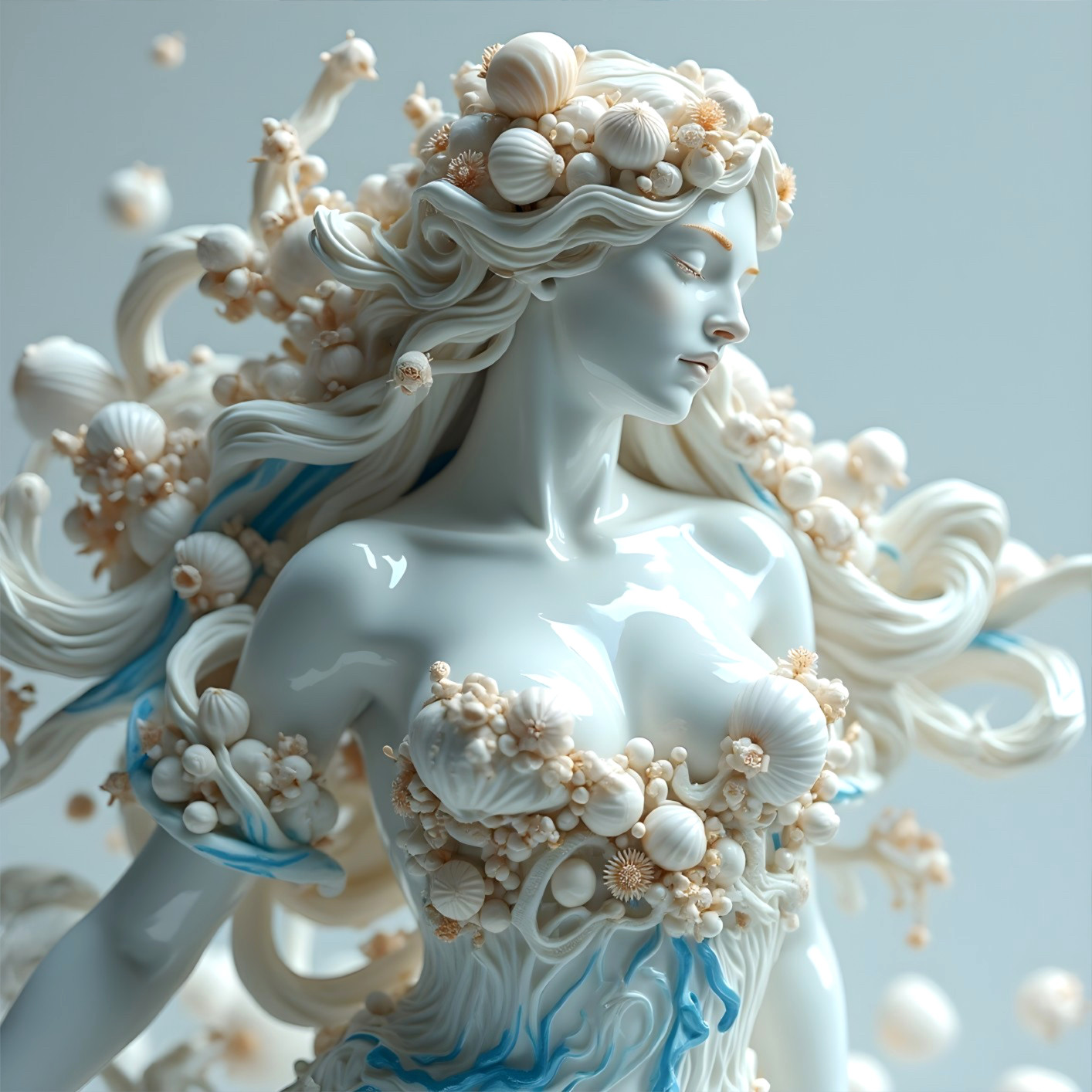 Intricate Seashell-Adorned Sculpture of a Woman