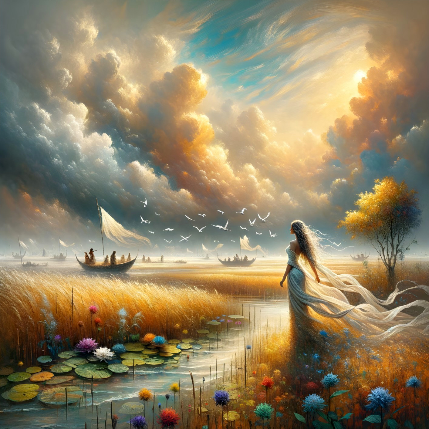 Serene Landscape with Figure by Tranquil Waterway