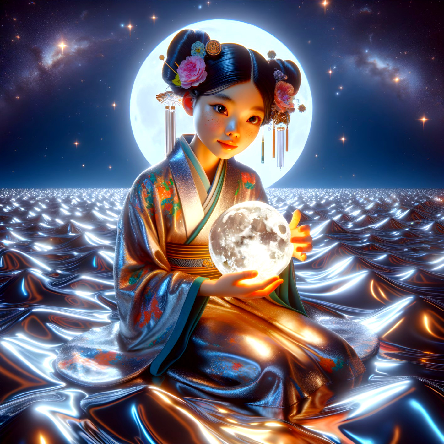 Serene figure in kimono with glowing moon on water