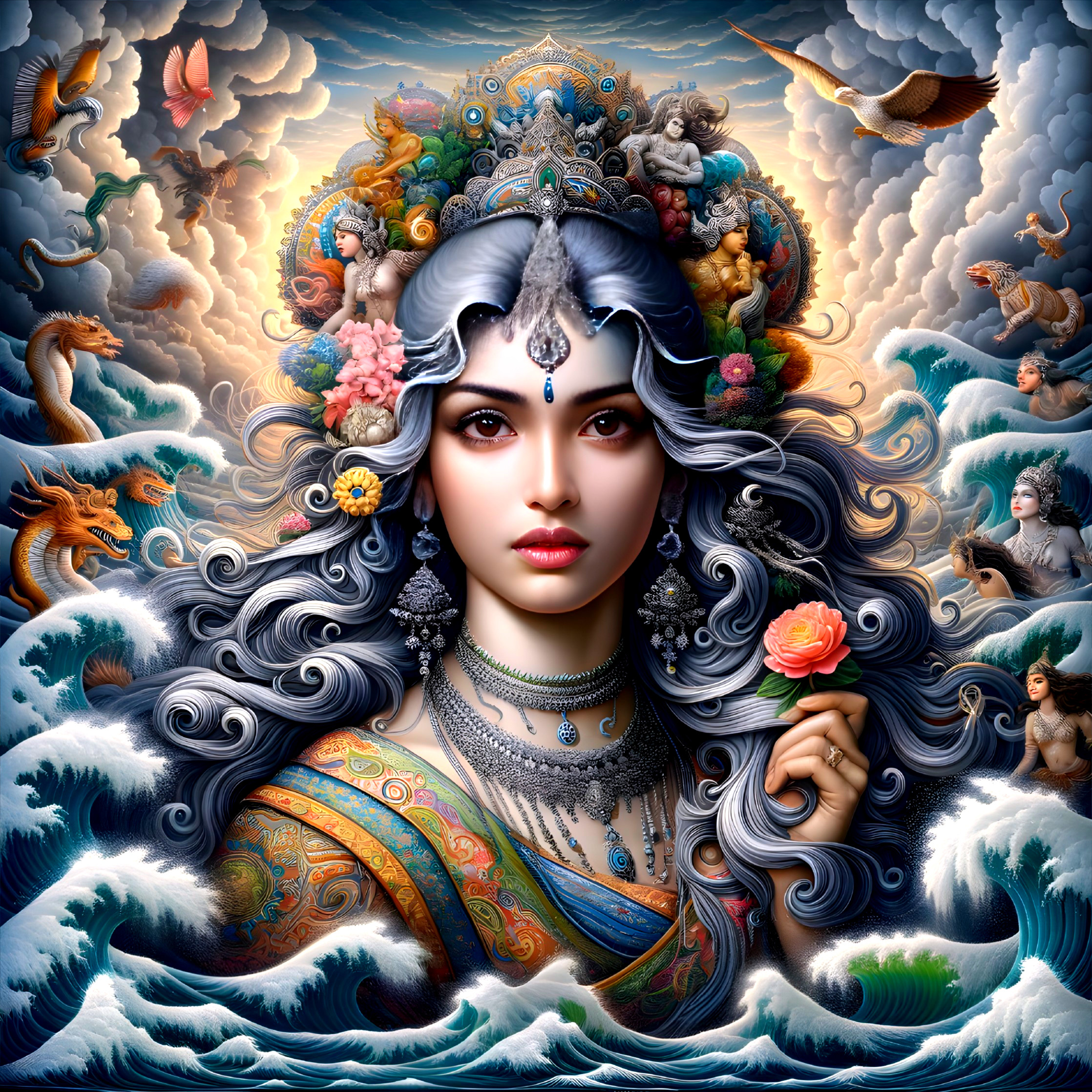 Celestial goddess with intricate jewelry and vibrant attire