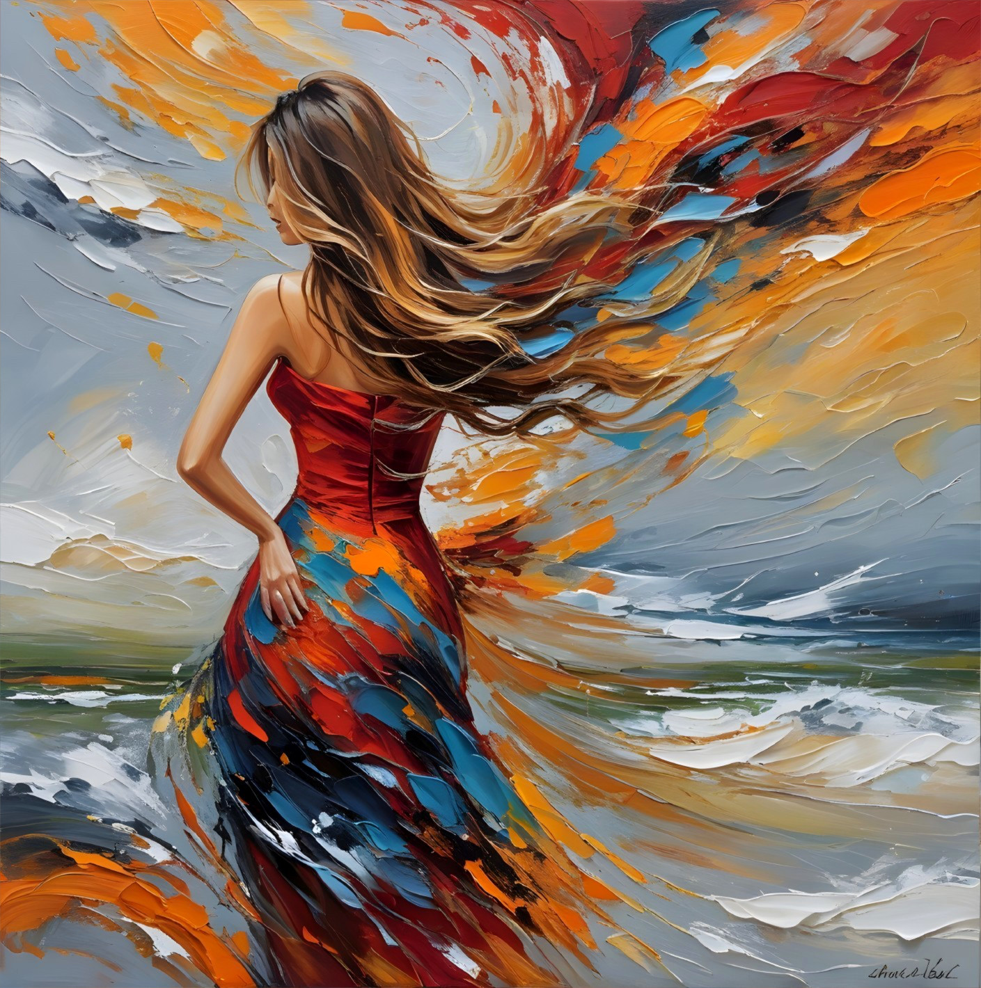 Woman in Red Dress Against Colorful Turbulent Sky