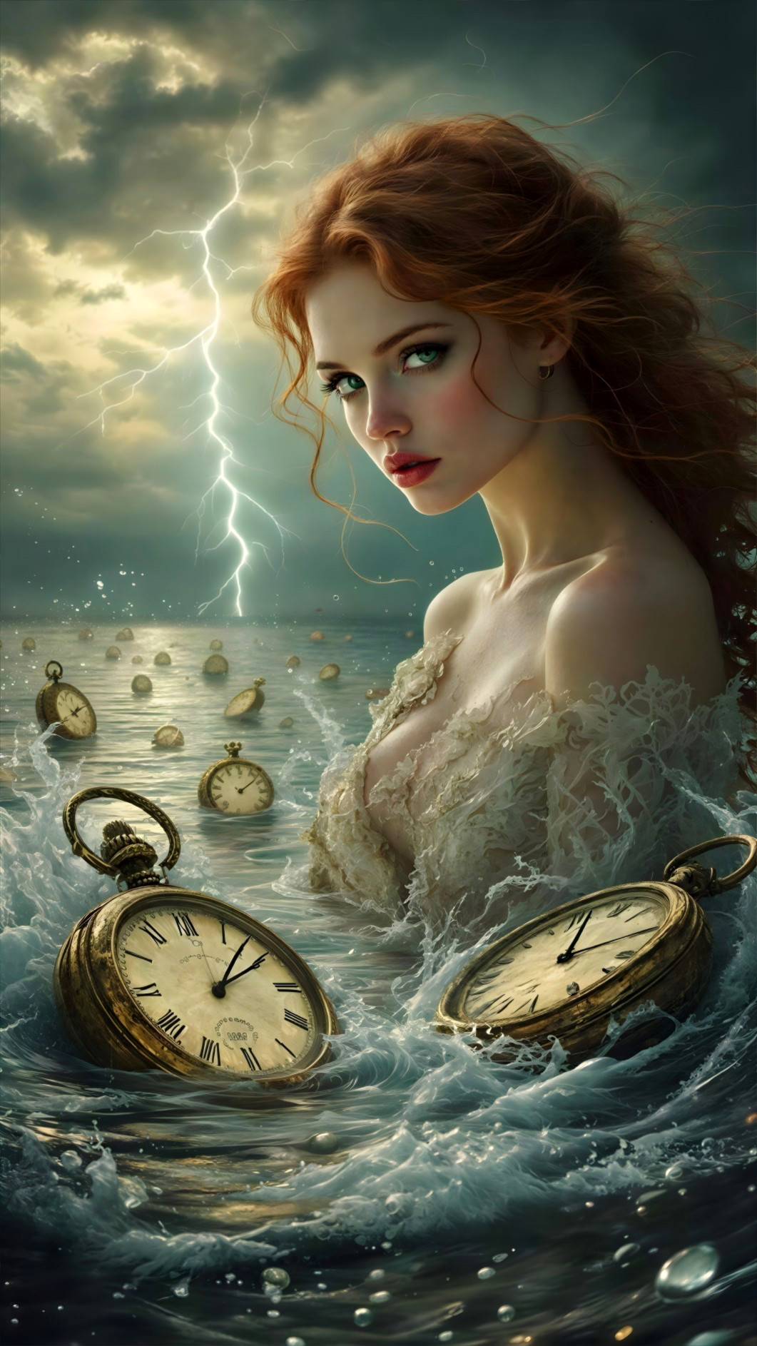 Fantasy Artwork of Ginger Woman in Ocean of Watches