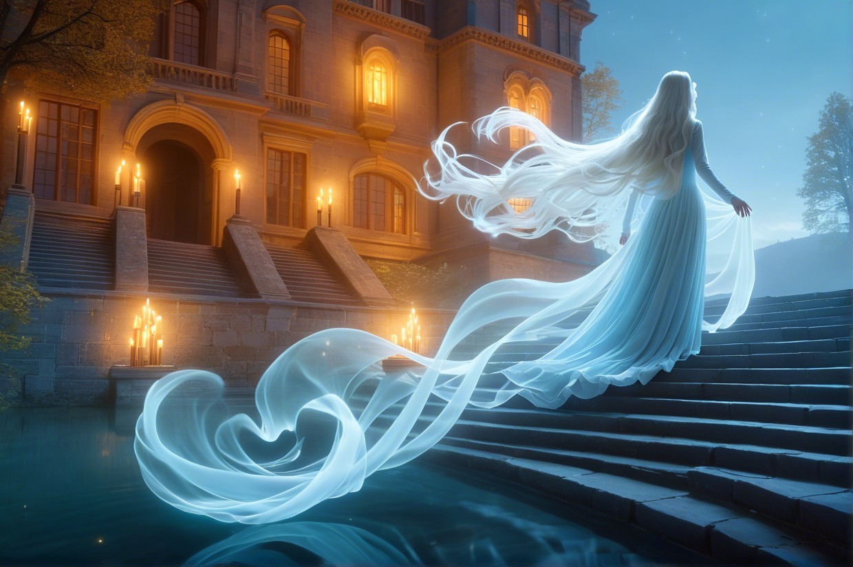 Ethereal Figure in White Gown on Grand Staircase