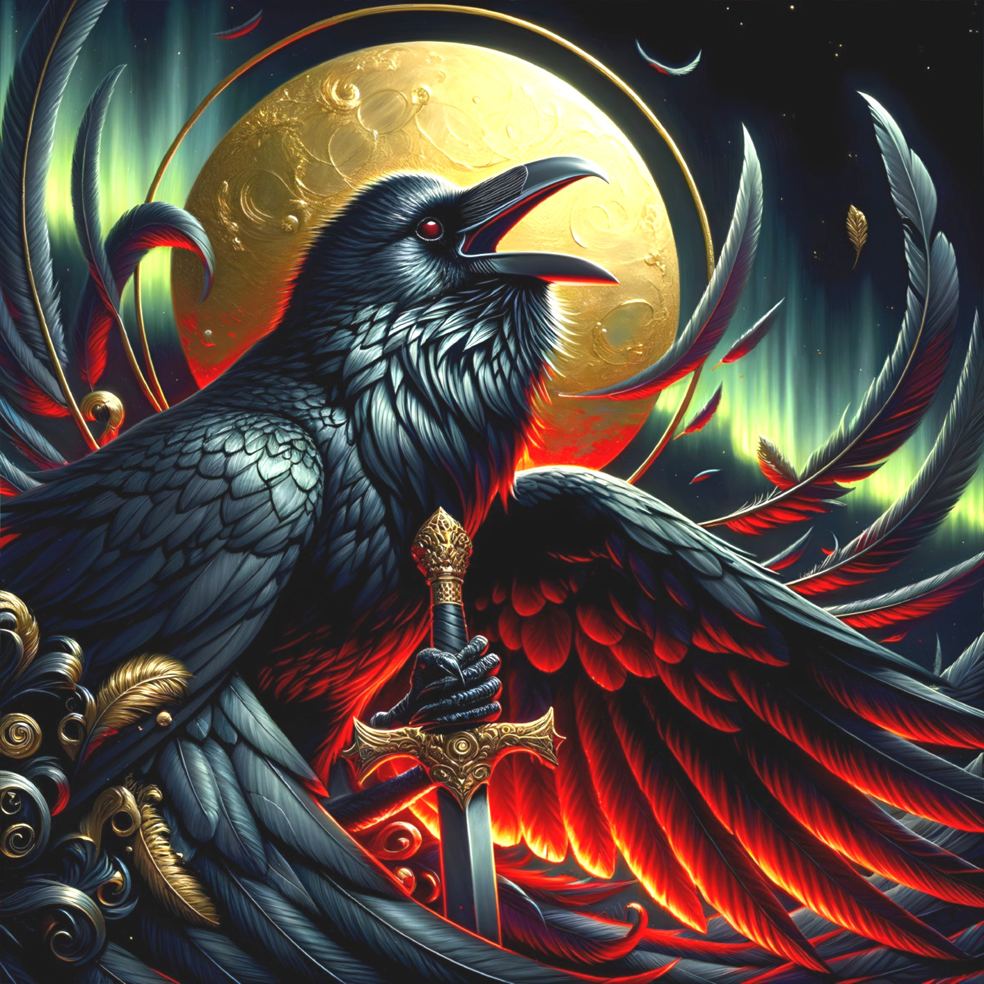 Raven with Sword Under Glowing Full Moon Light