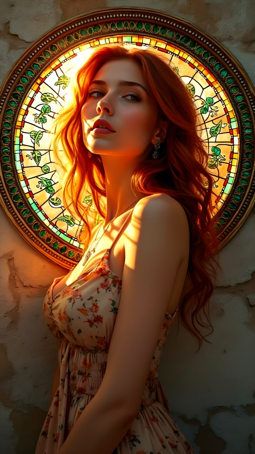 Young woman with red hair by stained glass window