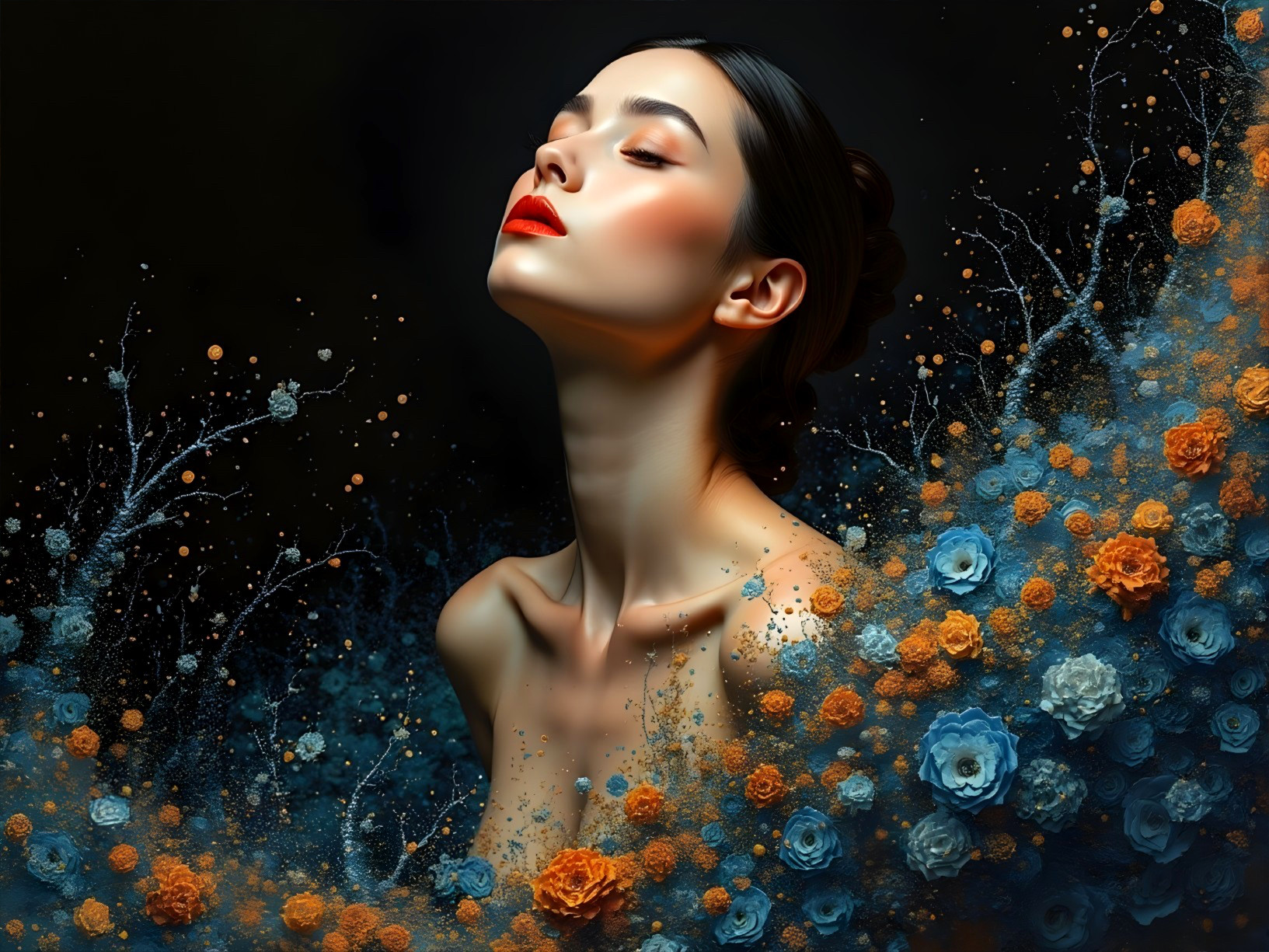 Serene Portrait of a Woman Surrounded by Flowers