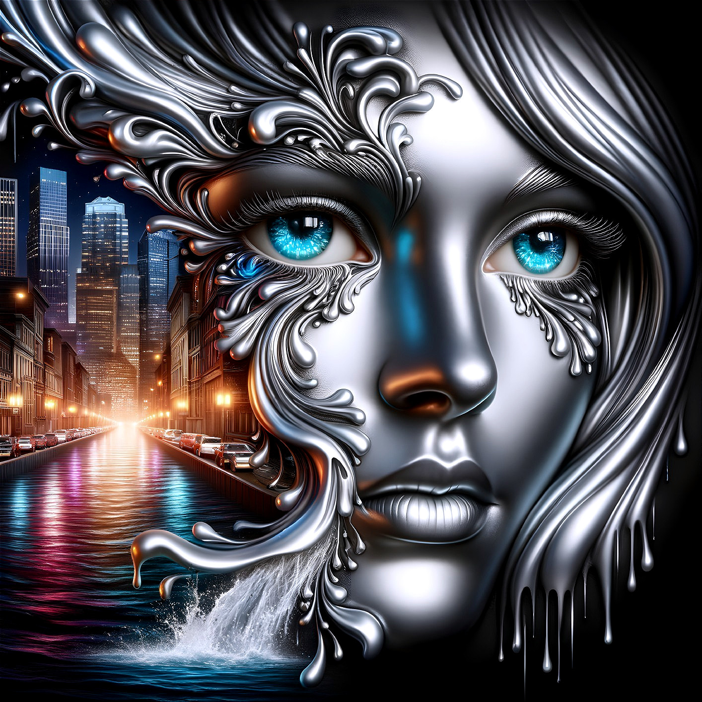 Abstract Face with Silver and Blue Patterns in Water