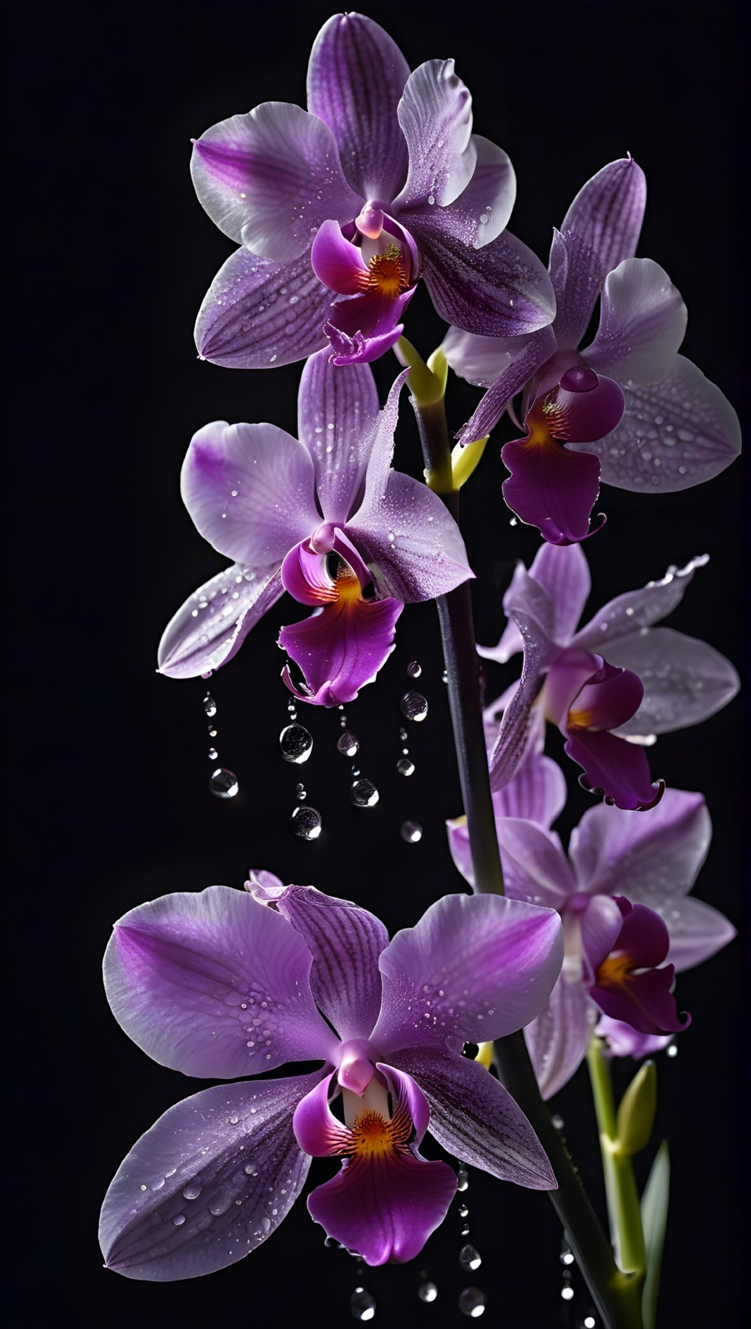 Elegant Purple Orchids with Water Droplets on Black