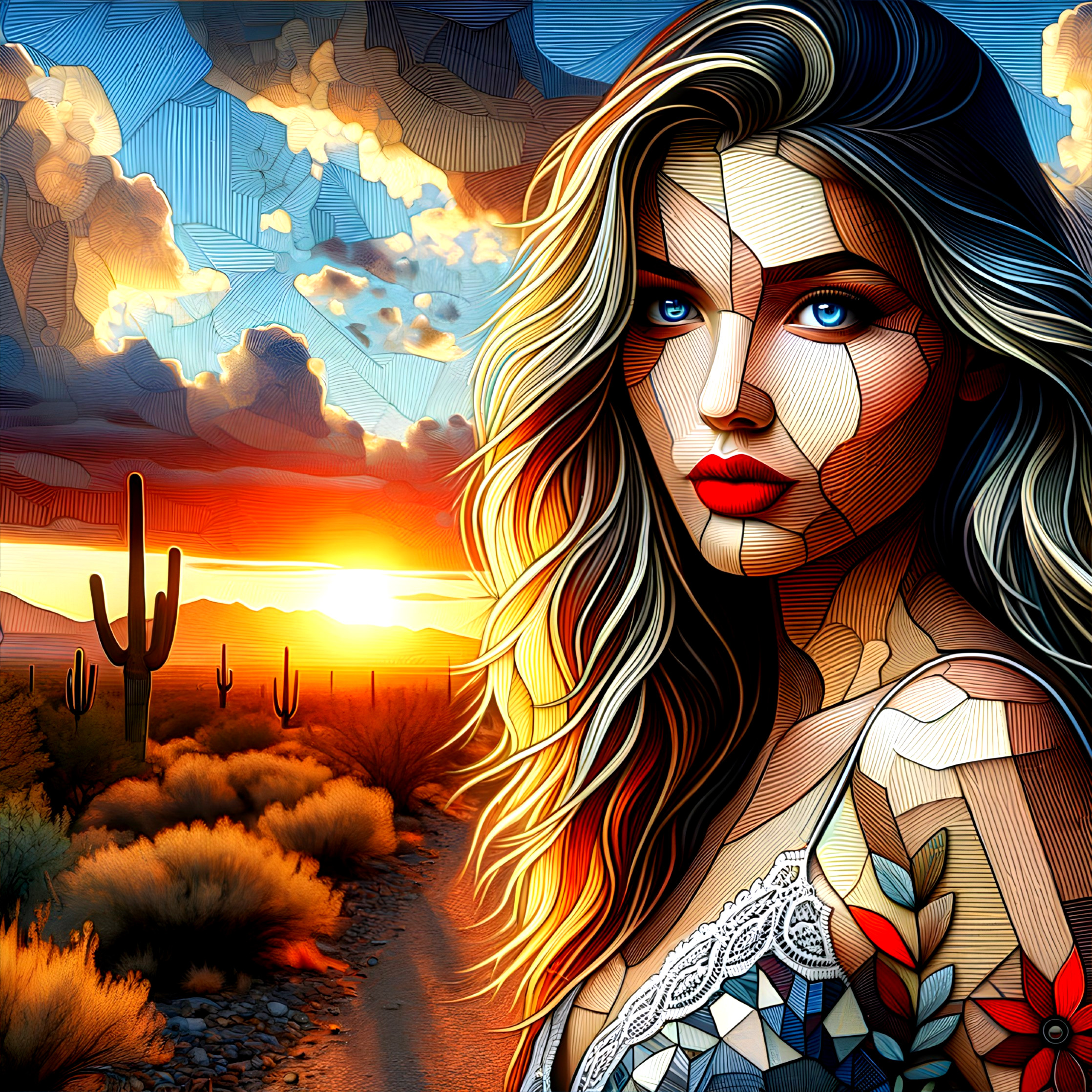 Portrait of a Woman with Geometric Patterns at Sunset