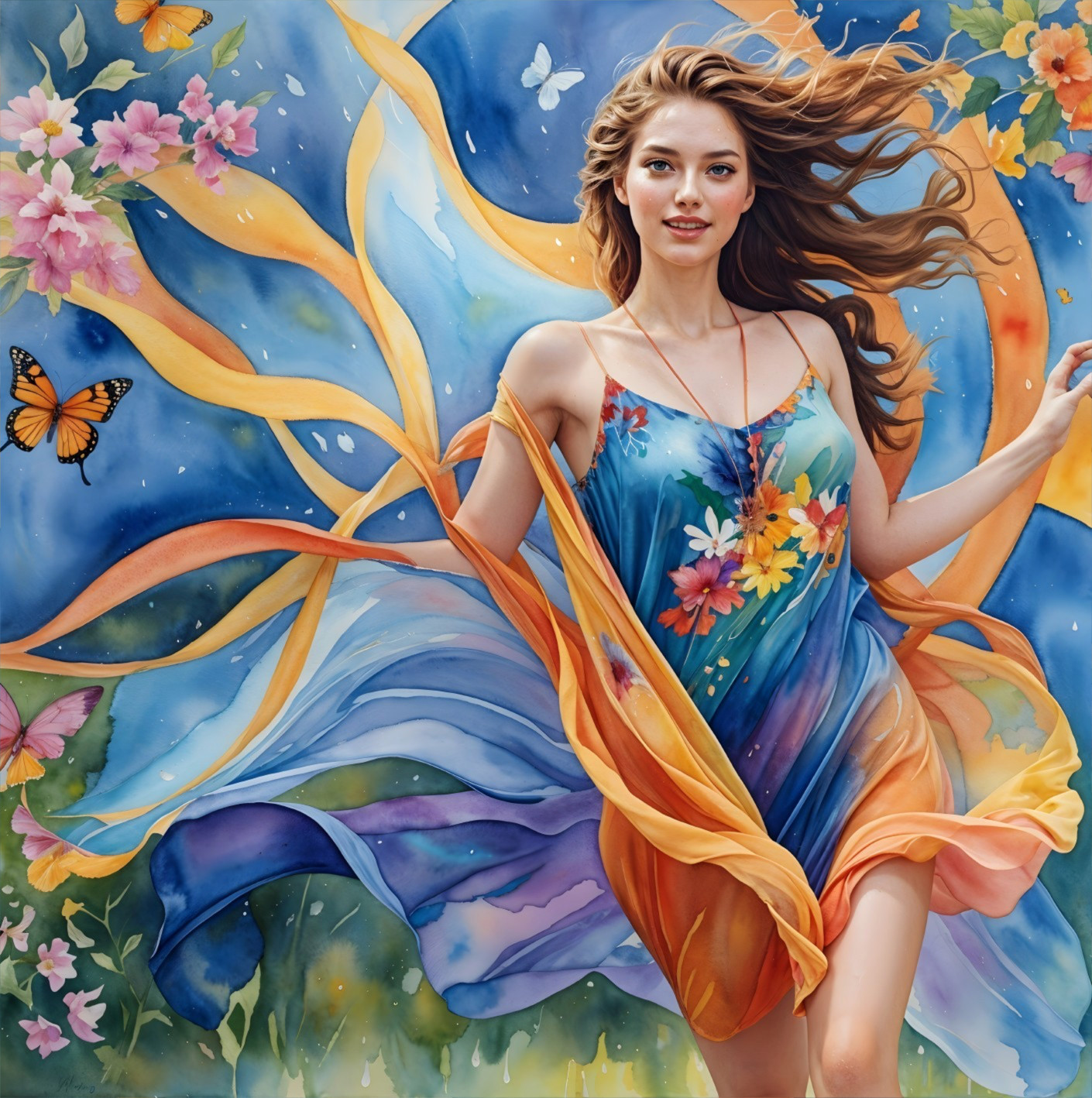 Young woman in colorful dress twirling in vibrant landscape