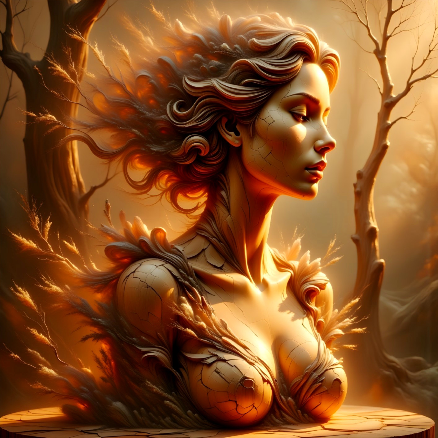 Ethereal sculpture of woman with natural elements