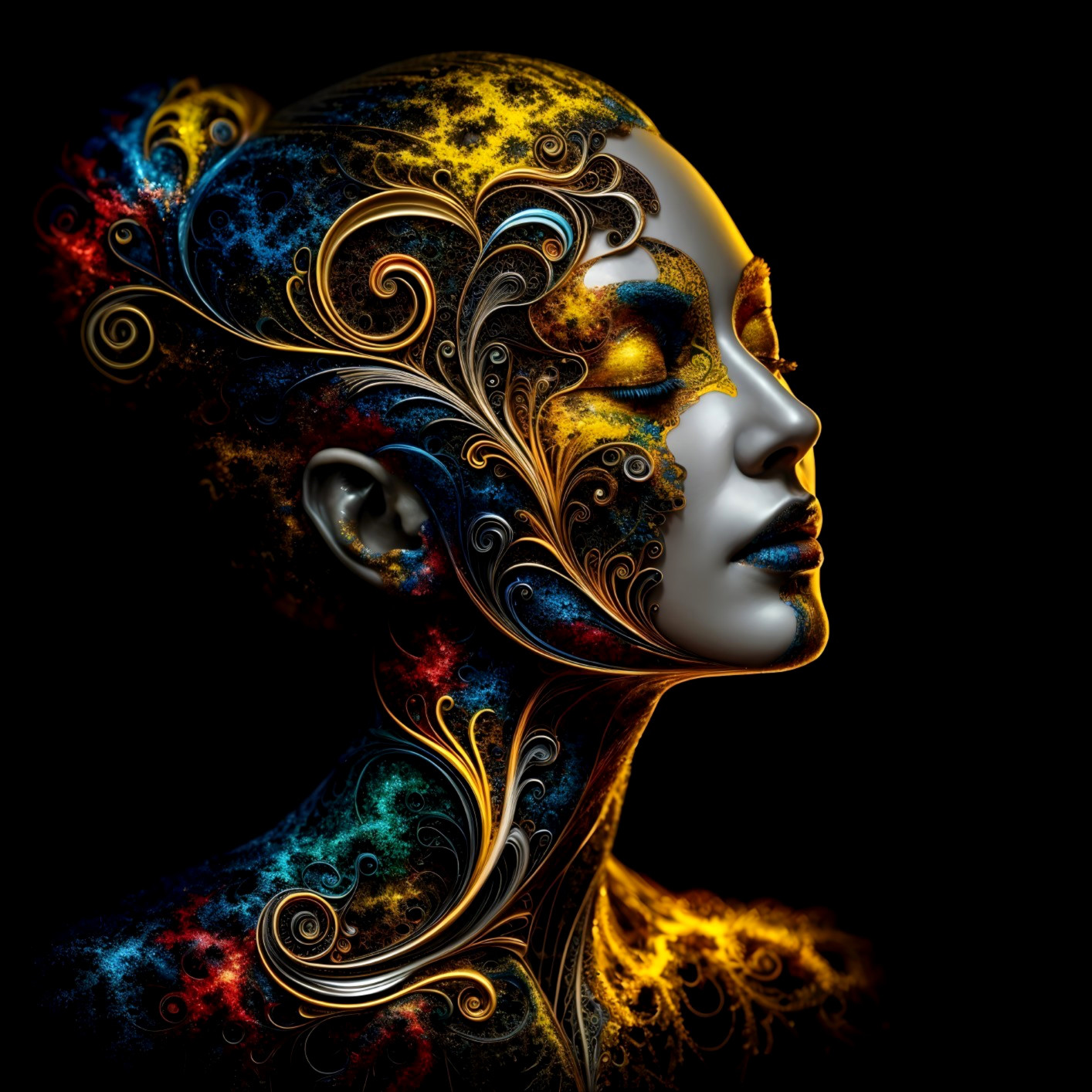 Surreal Profile with Colorful Patterns on Dark Background