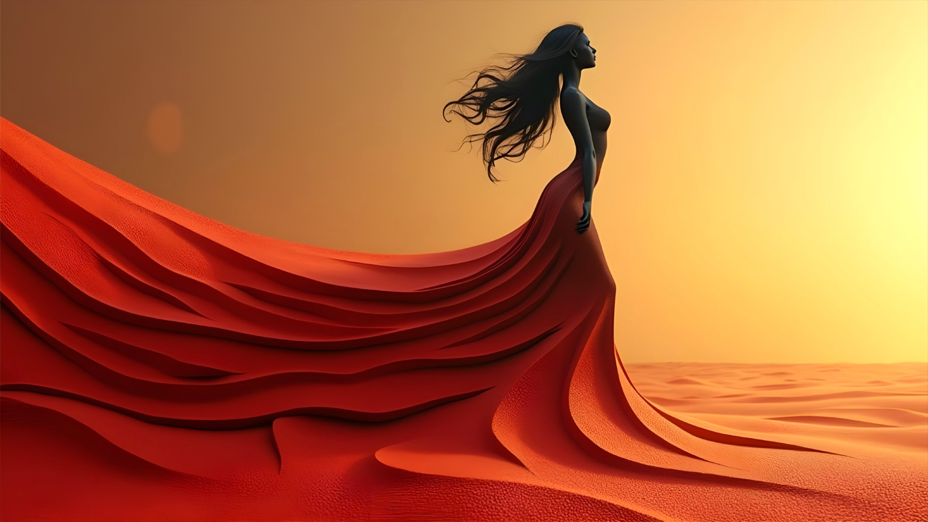 Silhouette of a Woman in Desert at Sunset