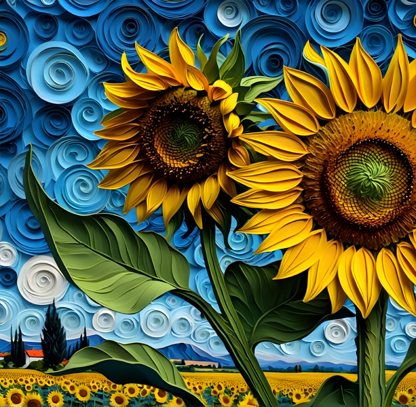 Vibrant Sunflowers Against a Swirling Blue Sky