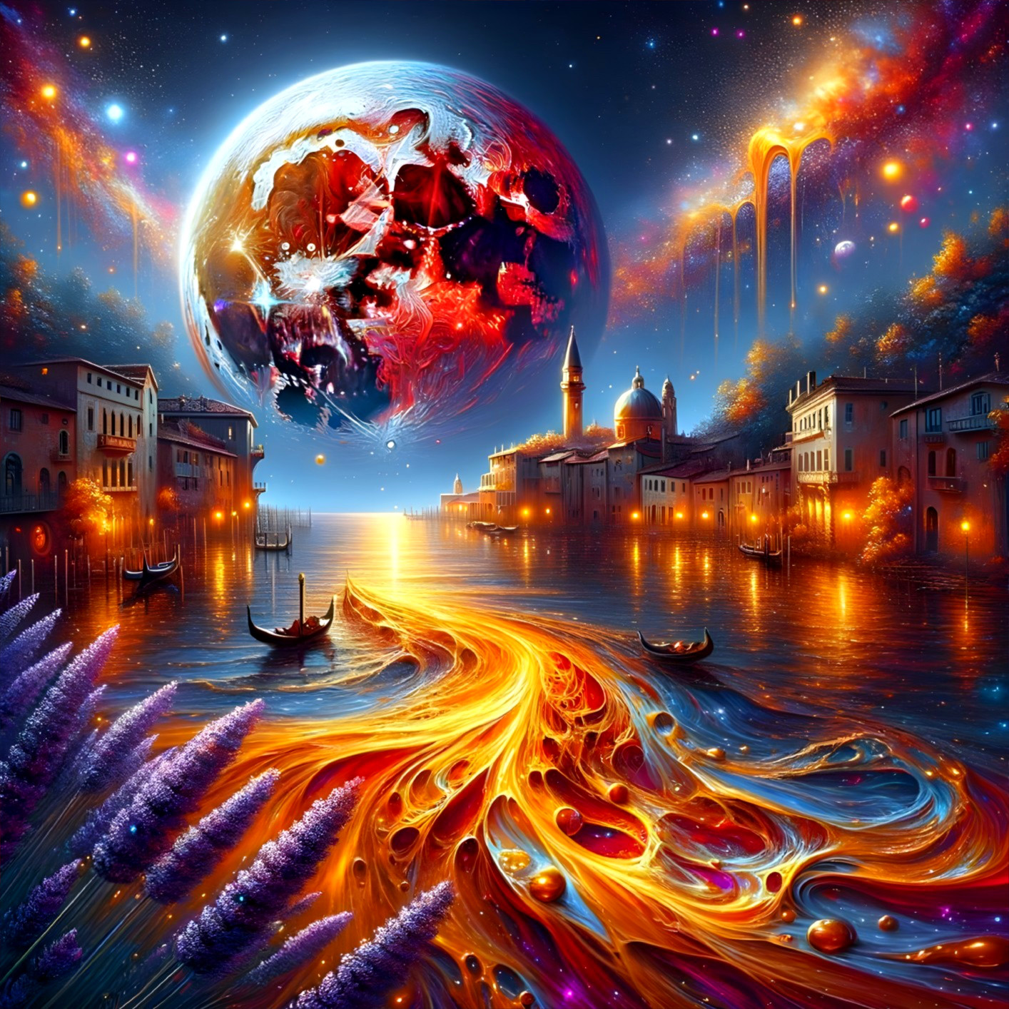 Surreal Landscape with Cosmic Elements and Waterfront