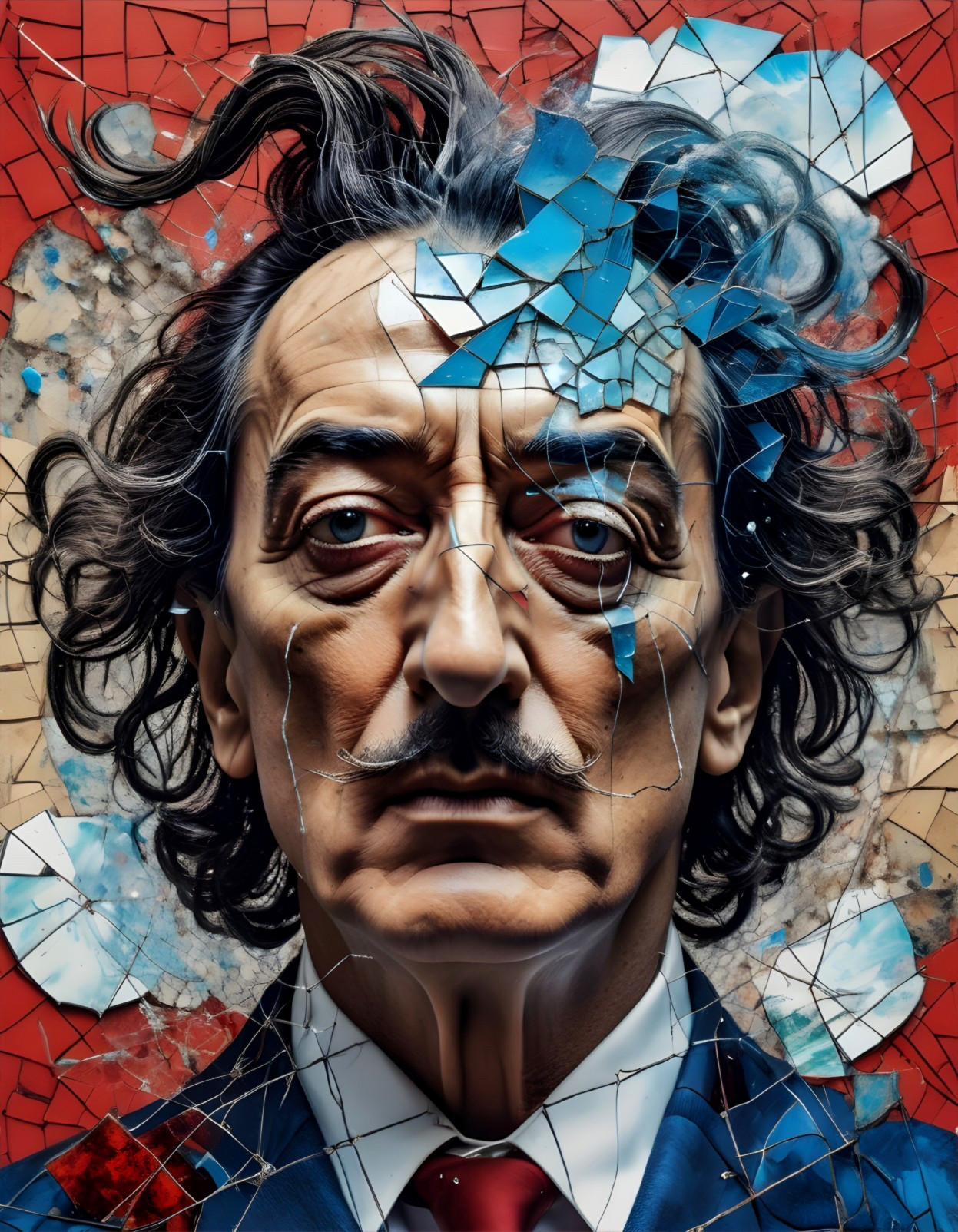 Surreal Portrait of Man with Tousled Hair and Intense Eyes