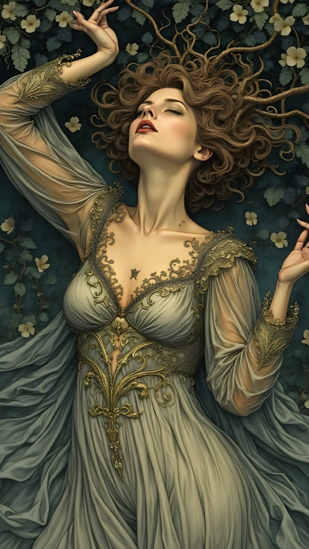 Elegant Woman in Flowing Dress Amidst Greenery