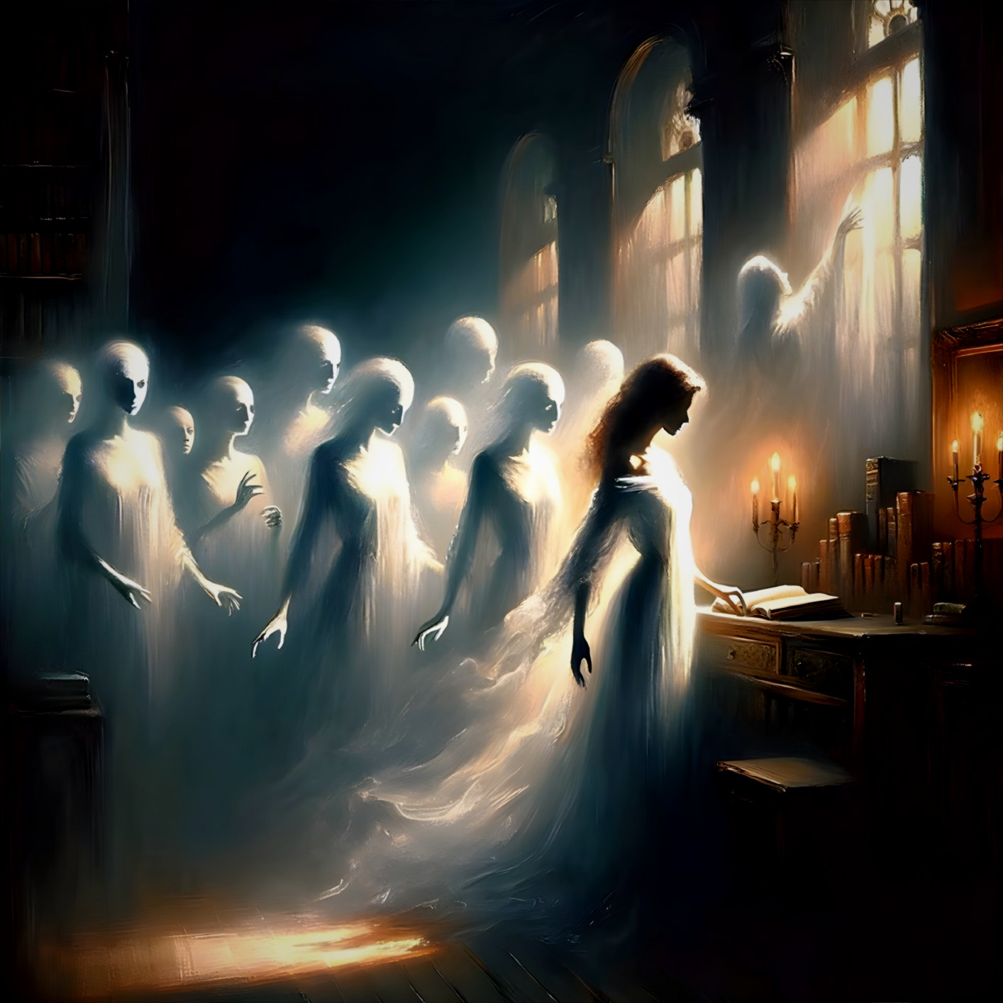 Ethereal figures in candlelit room with Gothic windows