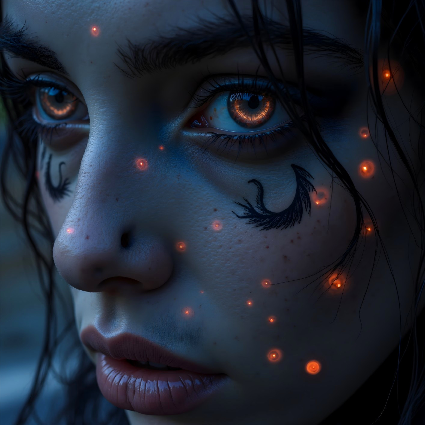 Close-up of a face with glowing orange eyes and markings
