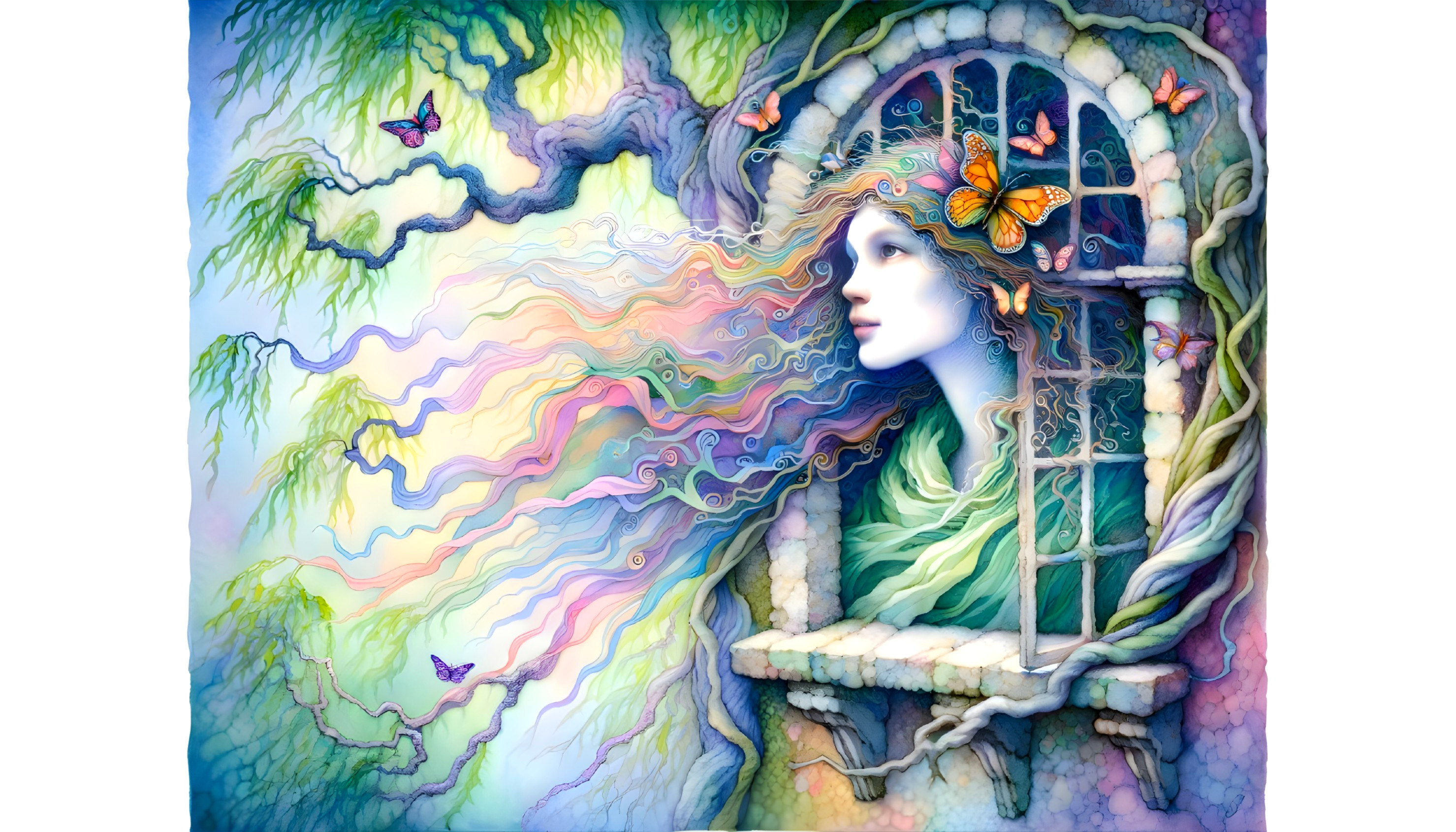 Whimsical Illustration of Woman in Nature's Embrace
