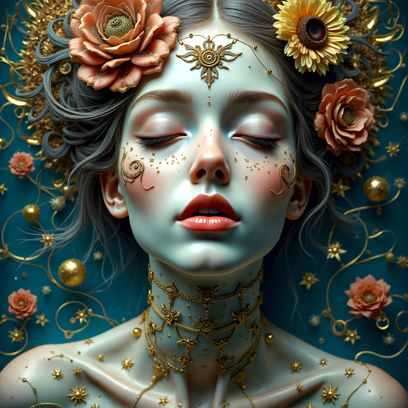 Serene Woman with Floral Hair and Ethereal Blue Skin