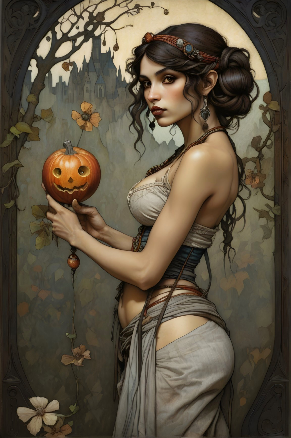 Mysterious Woman with Carved Pumpkin and Castle Background