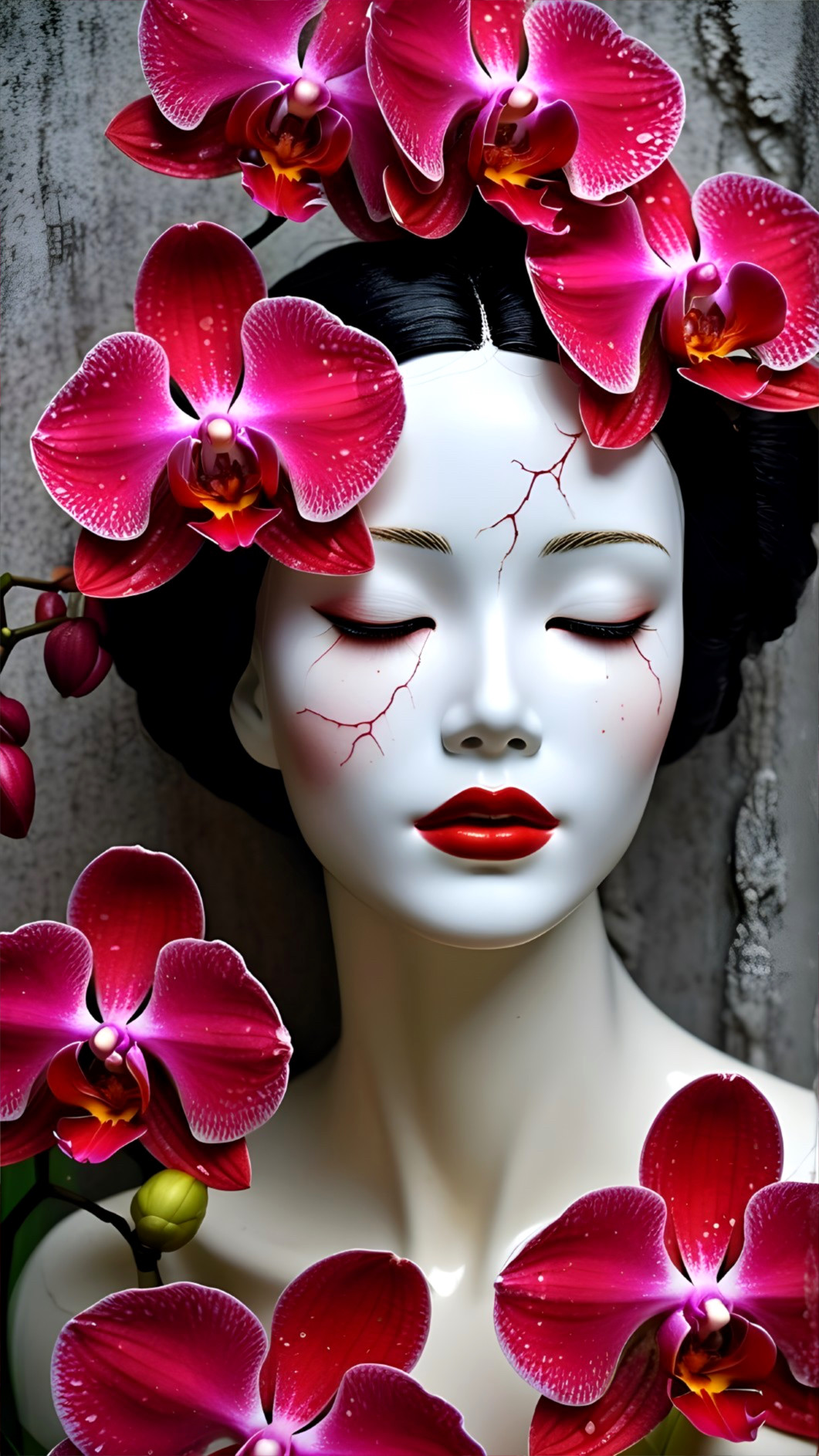 Mannequin with Pink Orchids and Textured Background