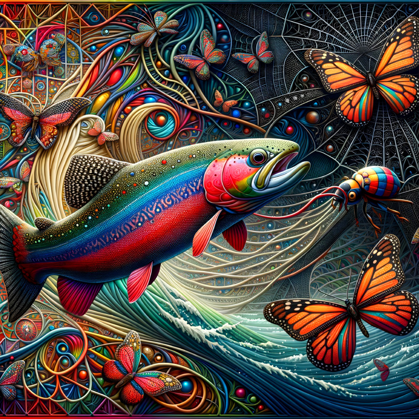 Colorful Fish and Butterflies in Whimsical Waves