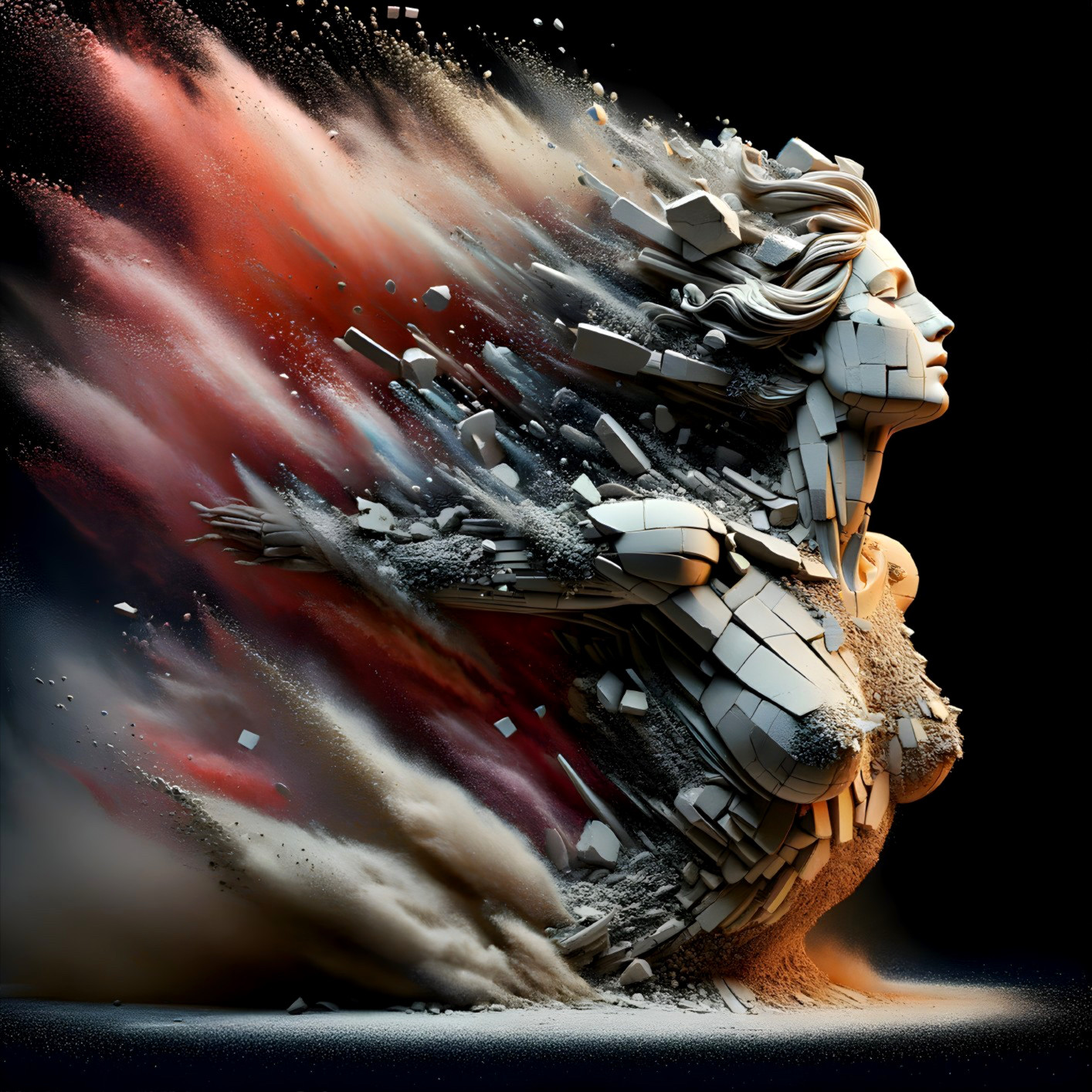 Sculpture of a female figure in dynamic motion