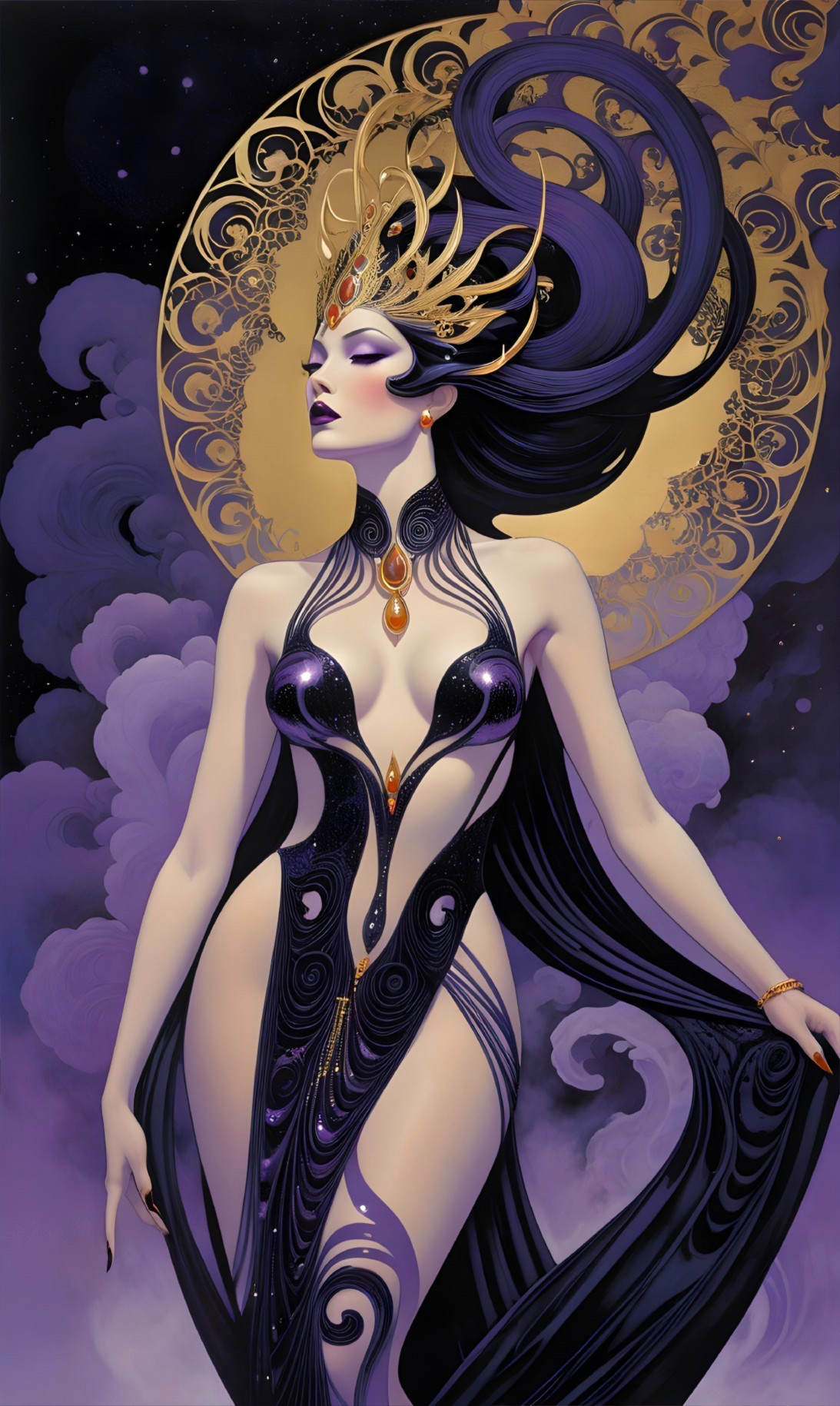 Mystical Woman in Gown with Gold Crown and Moonlit Background