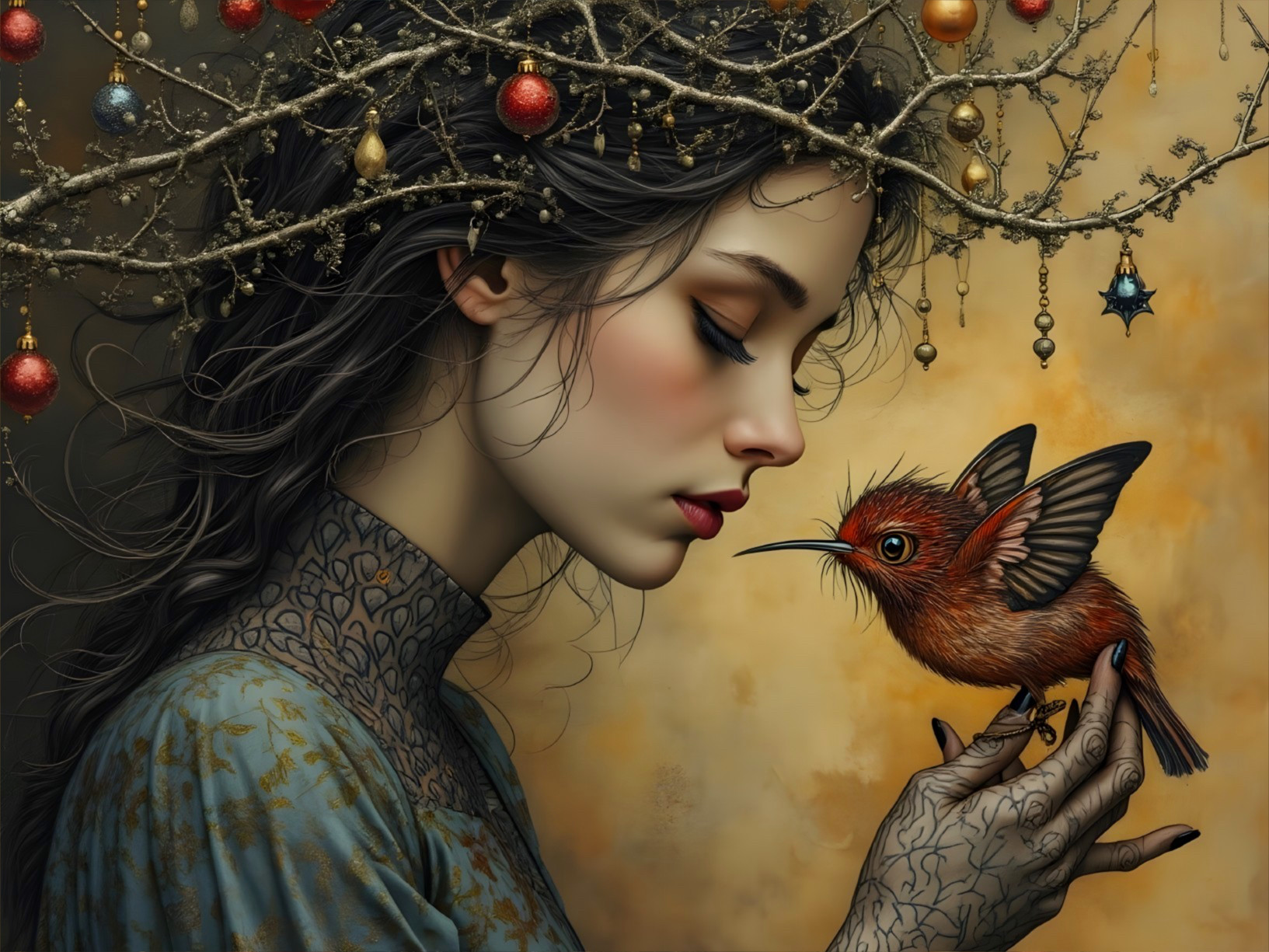 Serene Woman with Braided Hair and Vibrant Bird