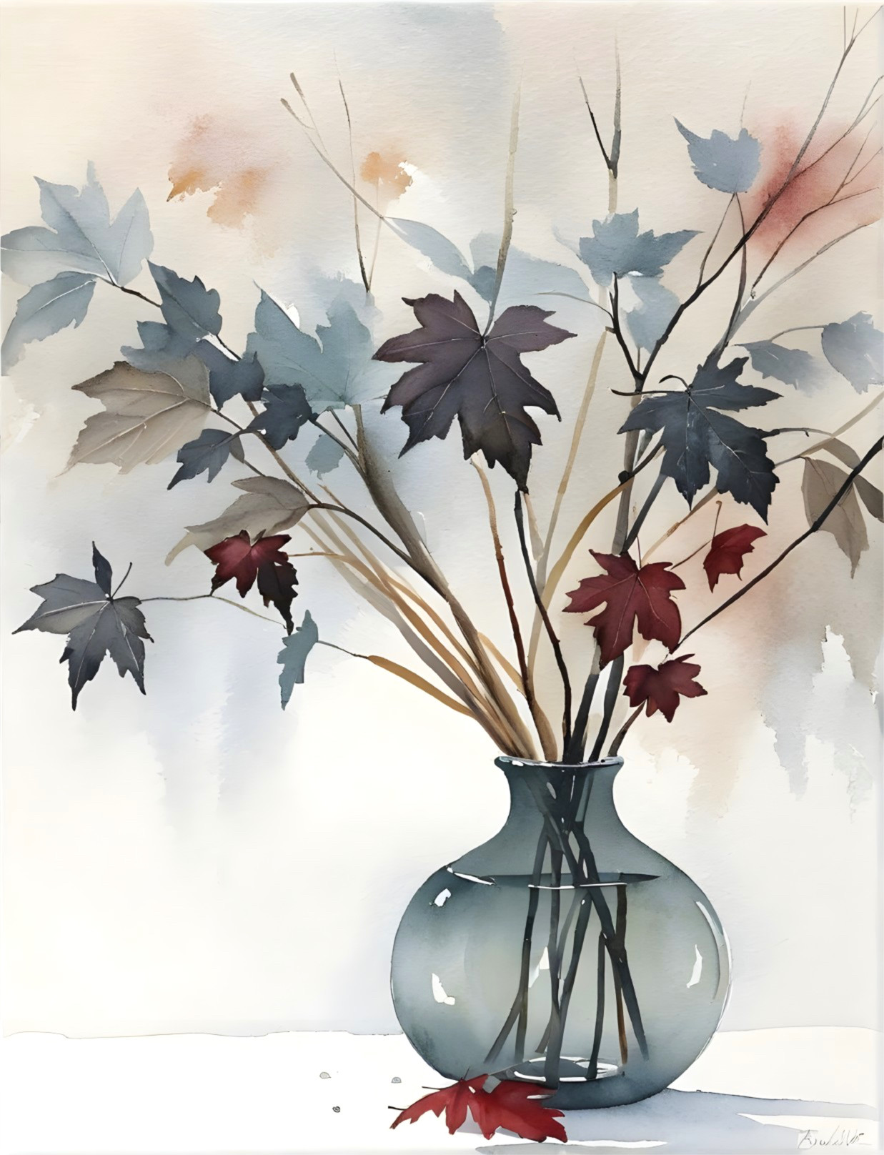 Watercolor Scene with Blue Vase and Colorful Leaves