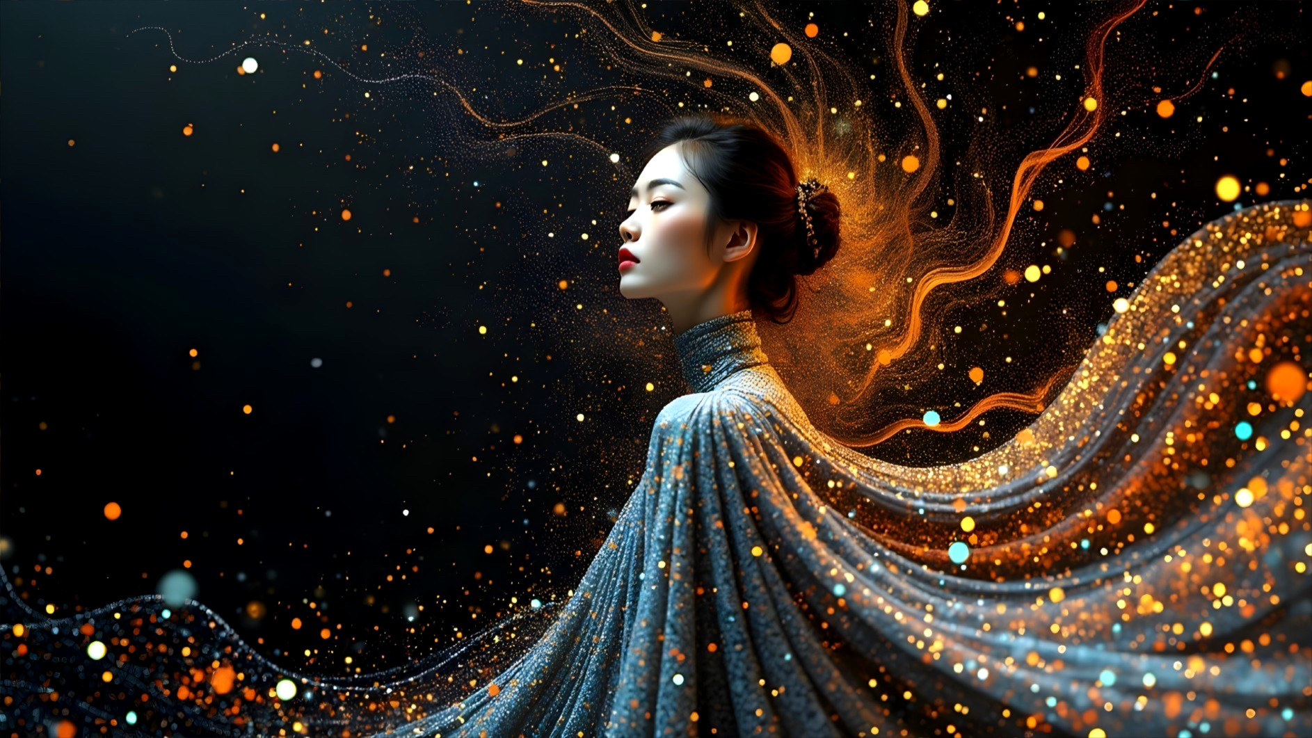Serene Woman in Ethereal Gown Against Dark Backdrop