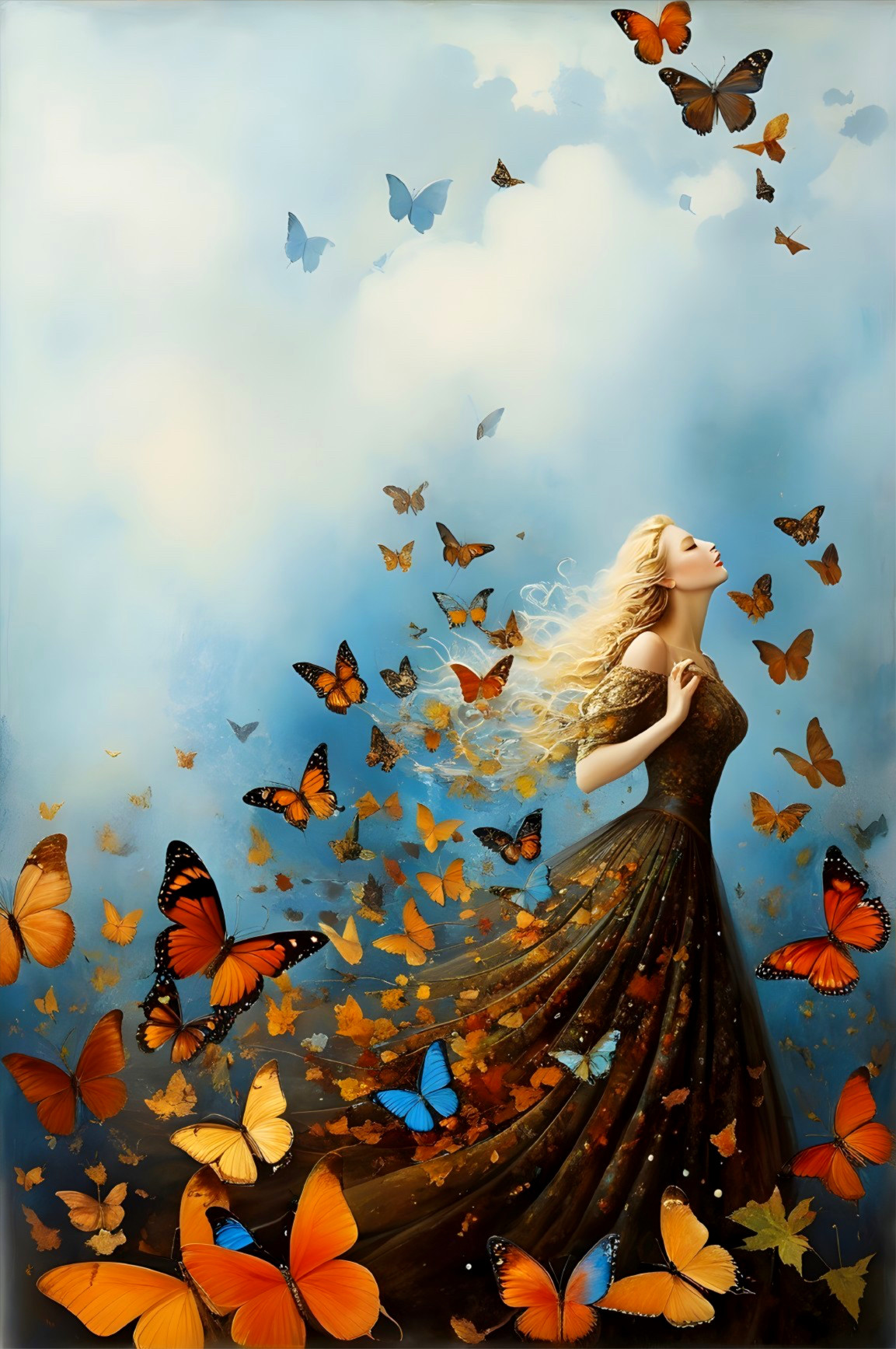 Digital Art of Woman in Dress Surrounded by Butterflies