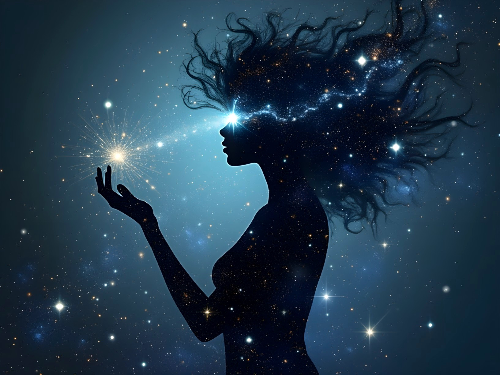 Silhouette of Woman Cradling a Glowing Star in Space