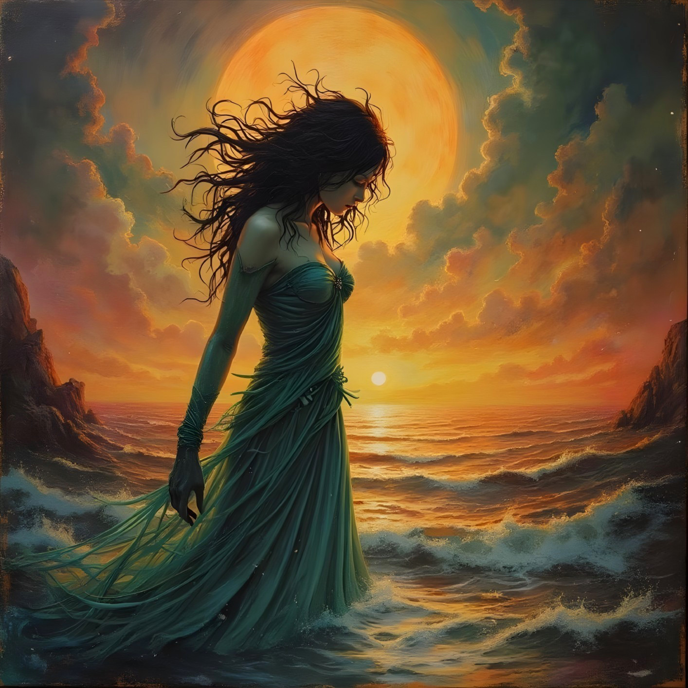 Mystical Figure in Green Gown by Vibrant Sunset Ocean