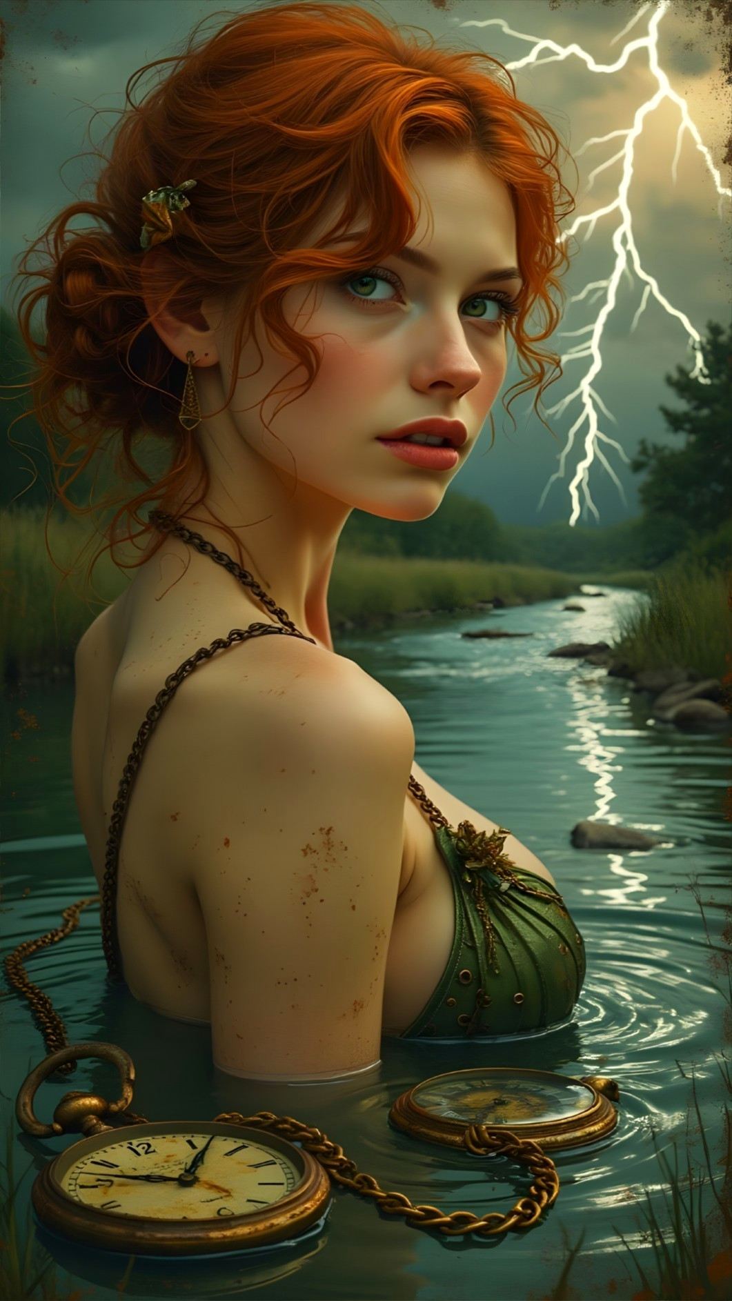 Young Woman with Red Hair in River Amid Stormy Sky